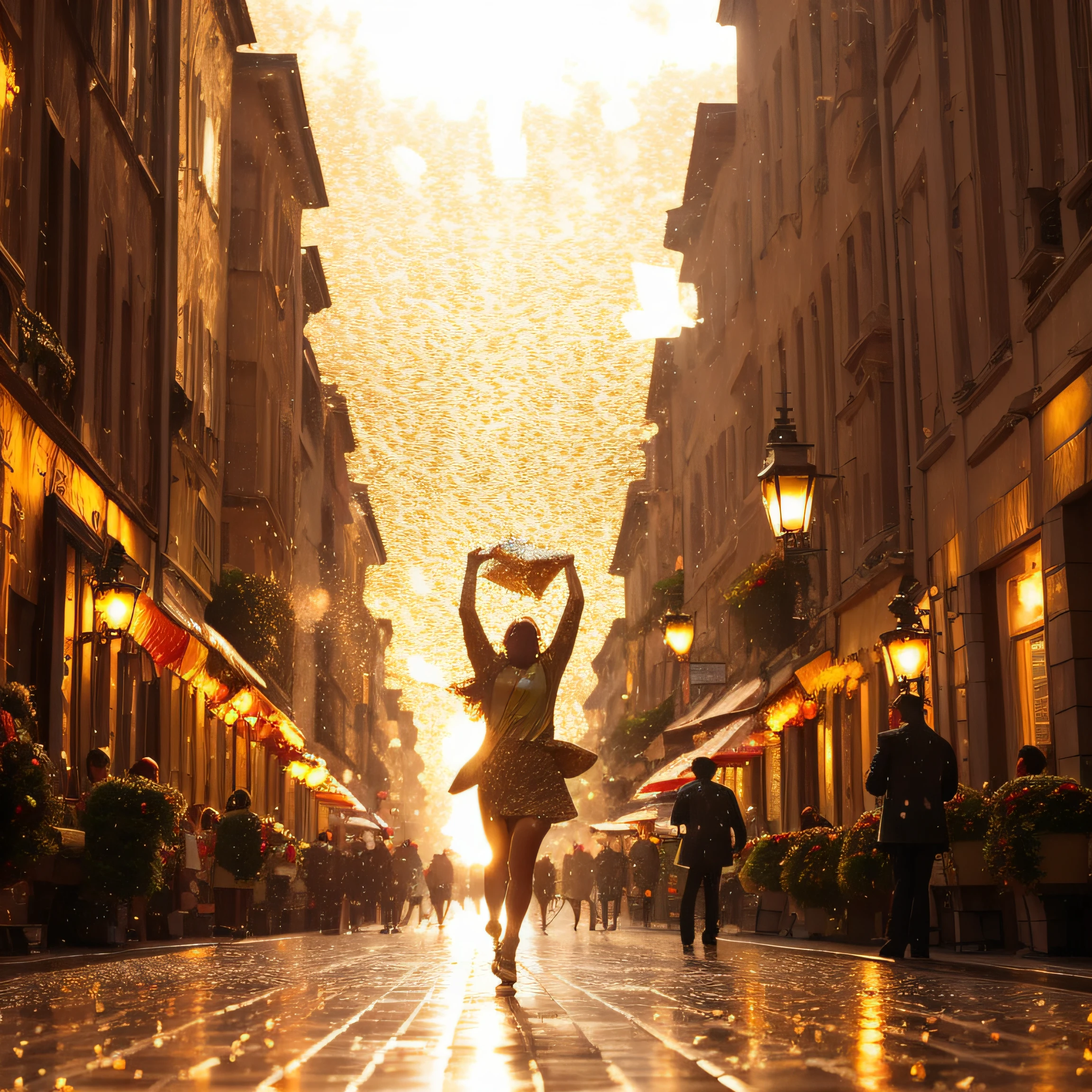 (golden rain + confetti), panoramic background, high resolution, picturesque scenery, dynamic angle, dynamic light and shadow, immersive atmosphere, festive and joyful vibes.