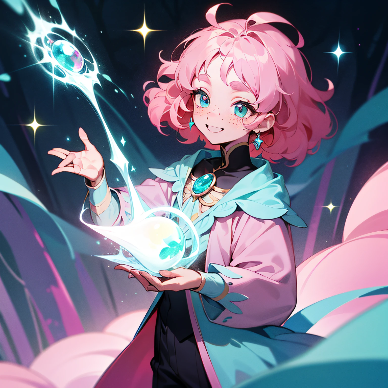 young man, light blue colored skin, light pink sparkles on skin, slim body, light pink colored hair, poofy hair, wavy hair, medium hair, four eyes, pink colored eyes, smiling, one person, forest background, white freckles, fantasy style, magical crystals in the background, magic, holding a small teal colored gemstone