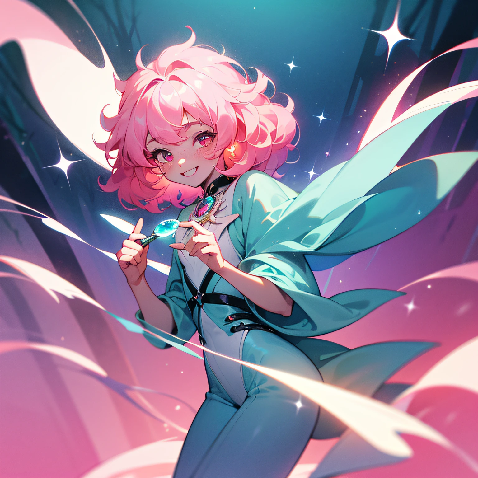 young man, light blue colored skin, light pink sparkles on skin, slim body, light pink colored hair, poofy hair, wavy hair, medium hair, four eyes, pink colored eyes, smiling, one person, forest background, white freckles, fantasy style, magical crystals in the background, magic, holding a small teal colored gemstone