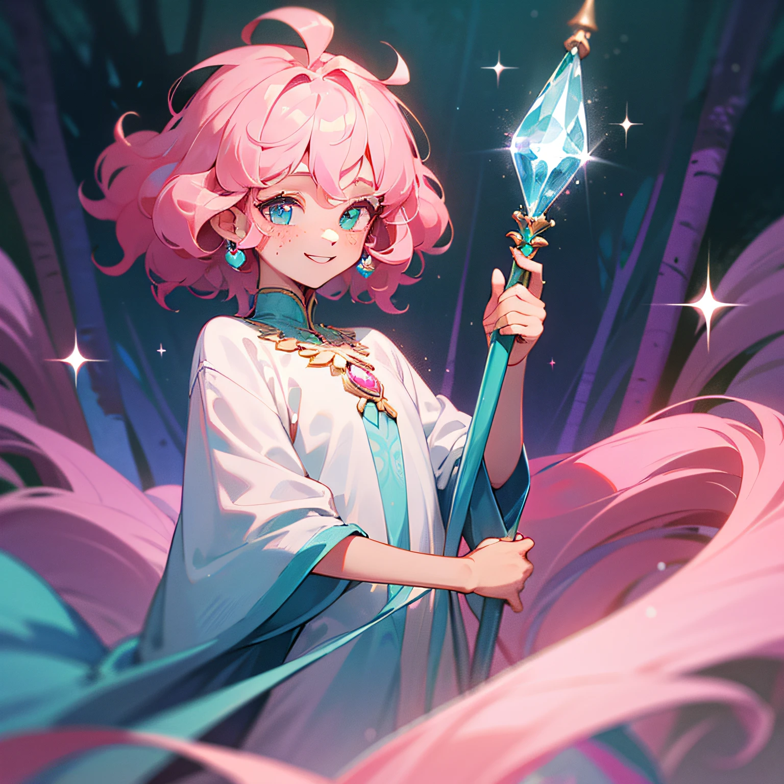 young man, light blue colored skin, light pink sparkles on skin, slim body, light pink colored hair, poofy hair, wavy hair, medium hair, four eyes, pink colored eyes, smiling, one person, forest background, white freckles, fantasy style, magical crystals in the background, magic, holding a small teal colored gemstone