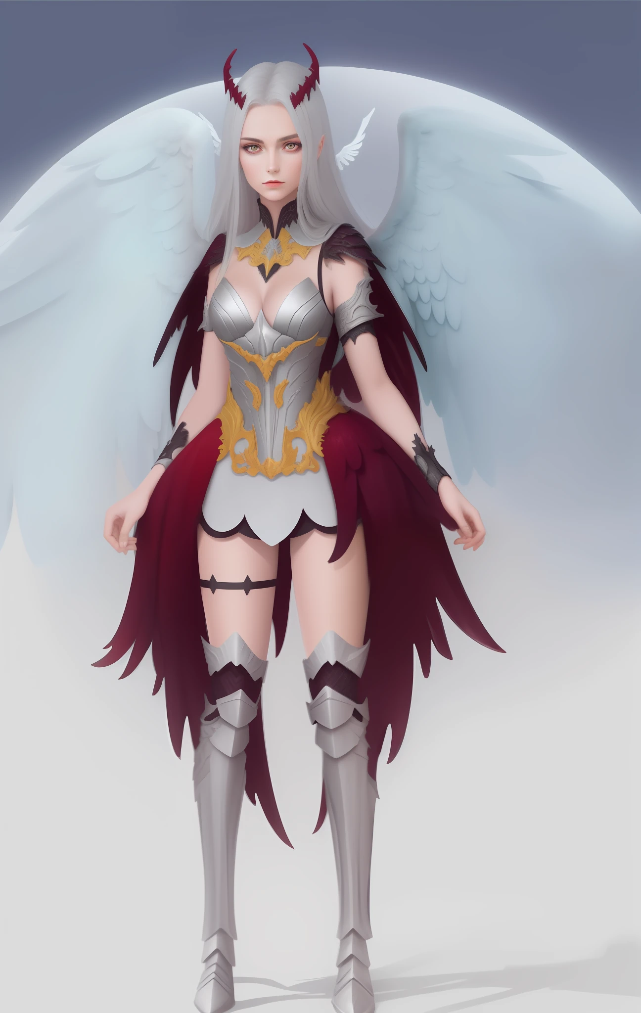 (Meisterwerk:1.2),(best quality:1.1),(hoch detaillierte Details:1.2),demonic angel with large black and white wings, white and red armor, gorgeous face, sitzend auf einem Thron