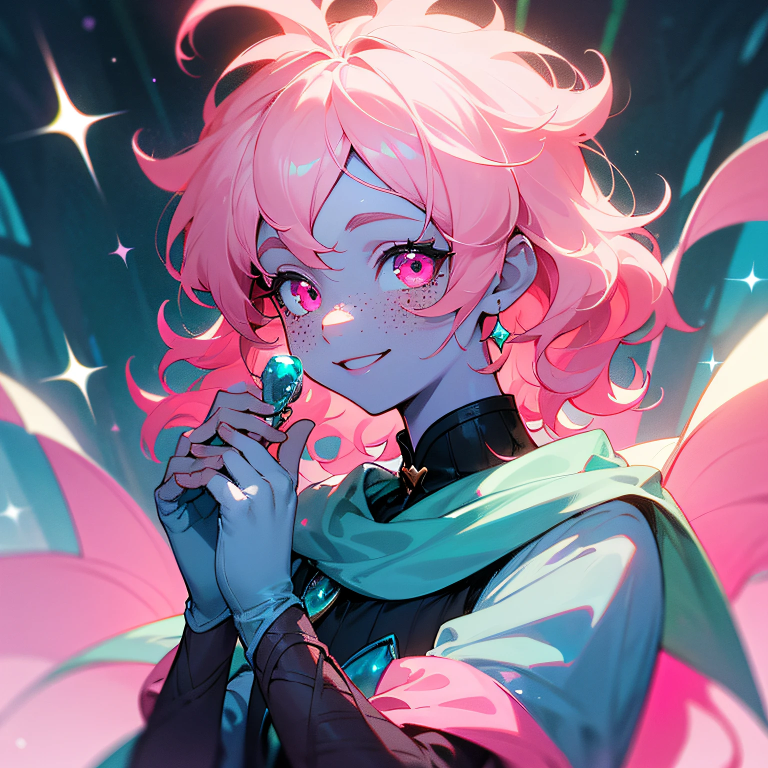 young man, light blue colored skin, light pink sparkles on skin, slim body, light pink colored hair, poofy hair, wavy hair, medium hair, four eyes, ((pink colored eyes)), smiling, one person, forest background, white colored freckles, fantasy style, magical crystals in the background, magic, holding a small teal colored gemstone
