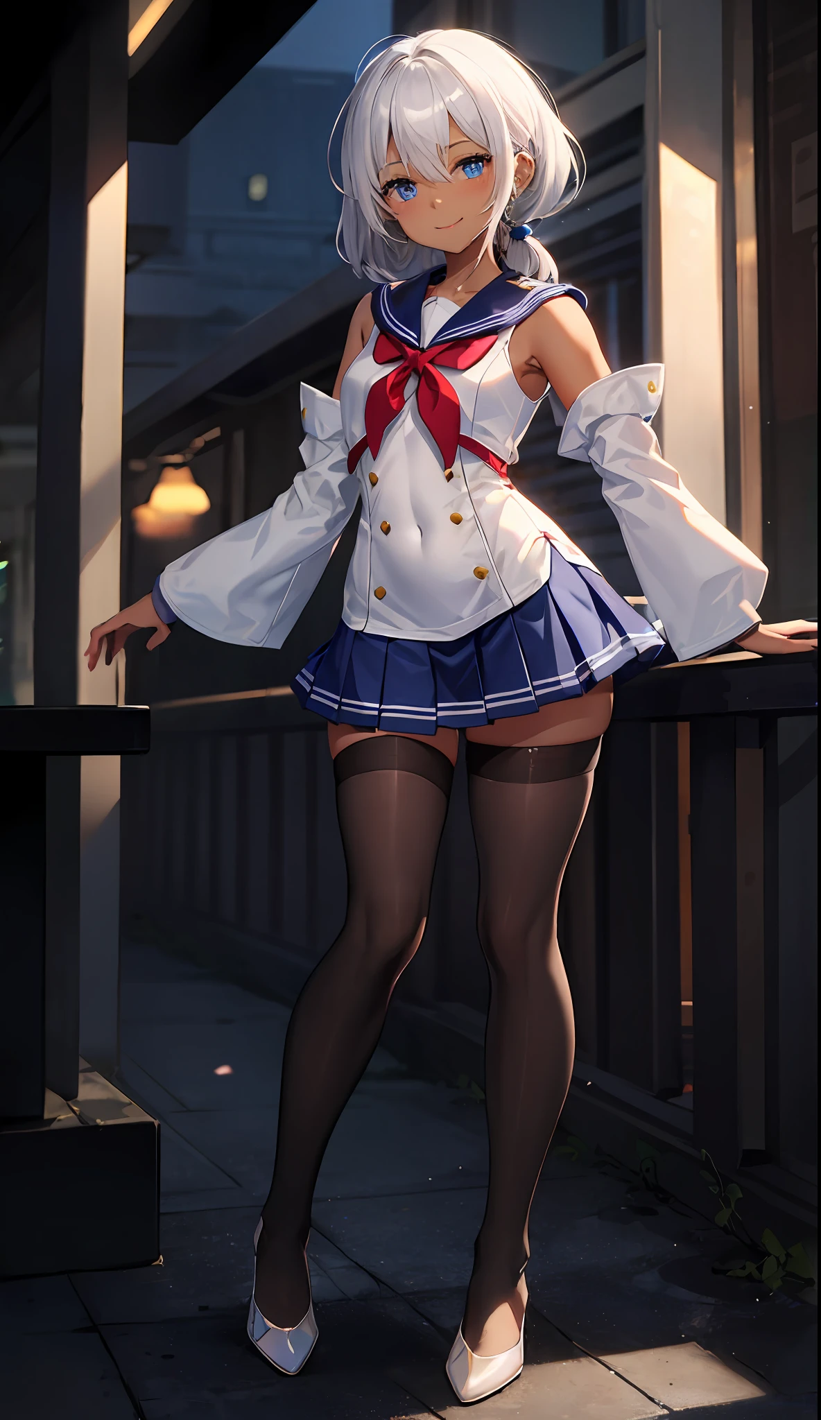1 Girl、(Dark skin:1.7),exteriors、шедевр、beautiful lighting、Detailed beautiful face、Detailed beautiful eyes、A high resolution、Ultra-fine illustration、an extremely delicate and beautiful、beste-Qualit、The whole body is shown、Feet first、(A MILF:1.2), 独奏, 30s, (has silver hair,poneyTail,Blue eyes),, Curvaceous, (shinny hair, Glossy eyes, shinny skin), Laugh, A smile, (shining skin:1.2), (White sailor suit)、Pichi Pichi clothes、thighs thighs thighs thighs、simple clothes、Short hem、sleevless 、(a short skirt)、pelvis curtain、Armpits、A smile、black thighhighs、Watch your audience、under-boobs、blushed、perspiring、Jeweled、thick-thighs、Parting lips、pantyhose、Blushing cheeks