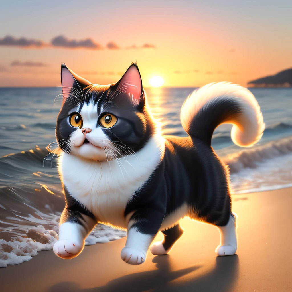 a very beautiful，prette，adorable kawaii big round eyes Persian cat， with bulging cheeks，Play by the sea in the sunset，Chasing the waves