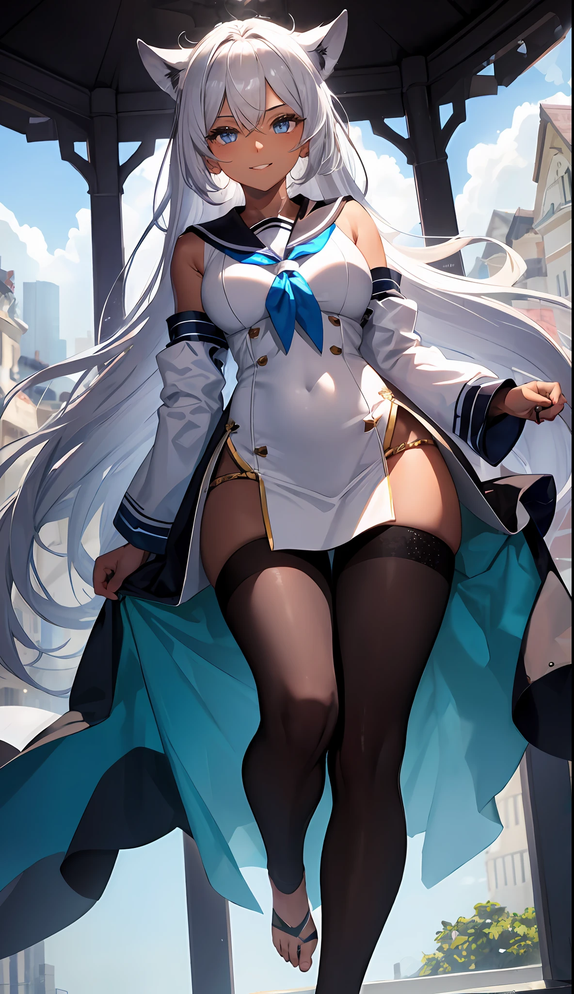 1 Girl、(Dark skin:1.7),exteriors、шедевр、beautiful lighting、Detailed beautiful face、Detailed beautiful eyes、A high resolution、Ultra-fine illustration、an extremely delicate and beautiful、beste-Qualit、The whole body is shown、Feet first、(A MILF:1.2), 独奏, 30s, (has silver hair,poneyTail,Blue eyes),, Curvaceous, (shinny hair, Glossy eyes, shinny skin), Laugh, A smile, (shining skin:1.2), (White sailor suit)、Pichi Pichi clothes、thighs thighs thighs thighs、simple clothes、Short hem、sleevless 、(a short skirt)、pelvis curtain、Armpits、A smile、black thighhighs、Watch your audience、under-boobs、blushed、perspiring、Jeweled、thick-thighs、Parting lips、pantyhose、Blushing cheeks