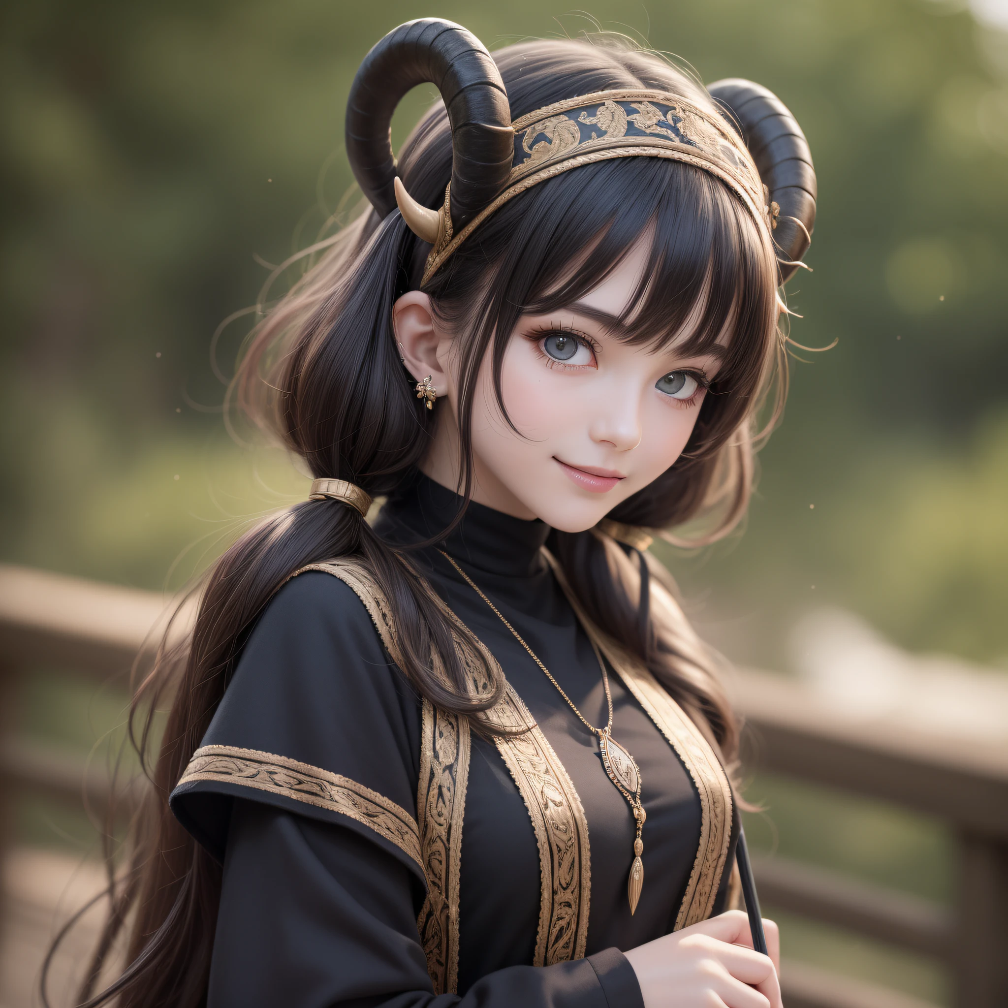 beste-Qualit, шедевр, high picture quality, 1girl in, black-haired、long ears、twintails、Goat horns、great outdoors、All body in、hairaccessories, neckless, jewlery, facials, Physical, Tindall Effect, realisitic, Dark Studio, Rim lighting, Duotone lighting, (High Detail Skin : 1.2), 8K UHD,DSLR, Soft light, hightquality, Volume Light, Candid, The photograph, A high resolution, 4K, 8K, Society Sisters、Monastic cap、Straight black hair、Monastic uniforms、Hold the wand、Looking at the camera、A smile