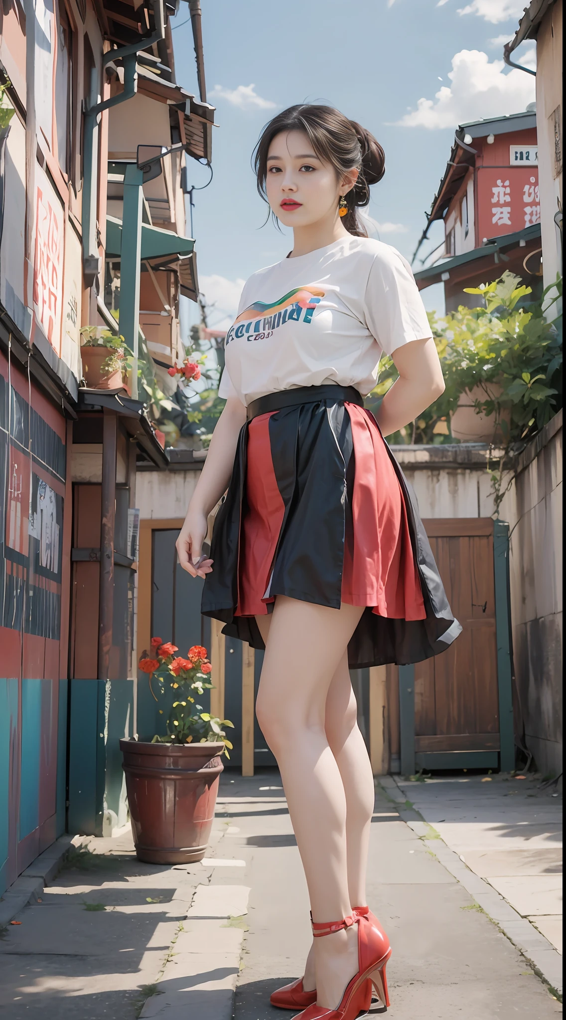 Tall plus-size cute girl,Rainbow color T-shirt+Rainbow color skirt,Well-proportioned,Tall one,(((Chubby cute girl))),mannequin,Red high-heeled leather shoes👠,Height 180cm,Height 180cm,Long legs,Low angle shooting