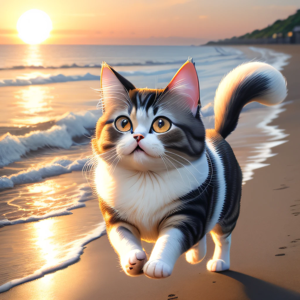 a very beautiful,prette,adorable kawaii big round eyes Persian cat, with bulging cheeks,Play by the sea in the sunset,Chasing the waves