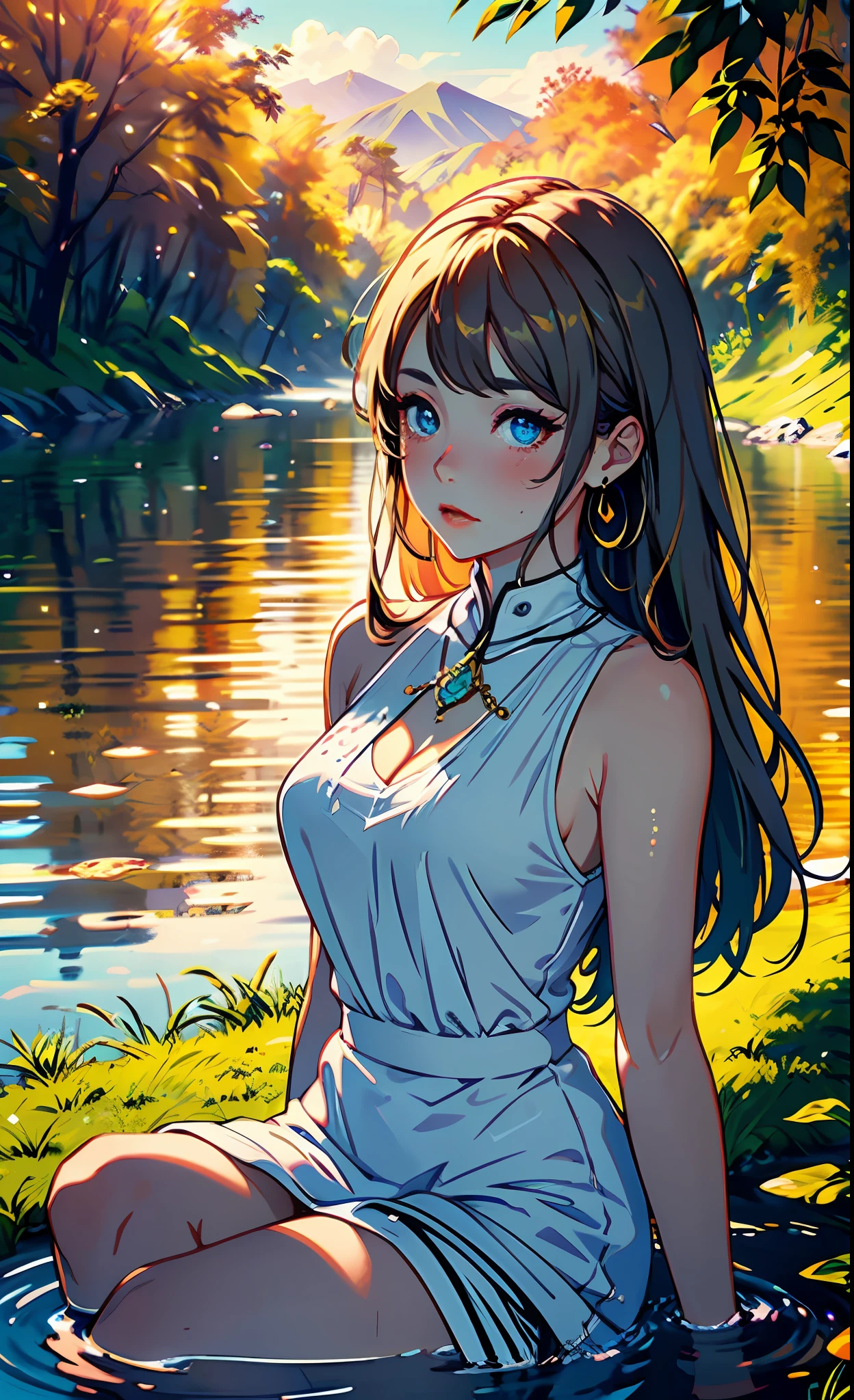 1 girl, serene expression, mesmerizing eyes, straight long hair, flowing dress, poised posture, porcelain skin, subtle blush, crystal pendant
BREAK
golden hour, (rim lighting):1.2, warm tones, sun flare, soft shadows, vibrant colors, painterly effect, dreamy atmosphere
BREAK
scenic lake, distant mountains, willow tree, calm water, reflection, sunlit clouds, peaceful ambiance, idyllic sunset, ultra detailed, official art, unity 8k wallpaper
, zentangle, mandala, ((Blushing)), (Misted Breath:1.6)