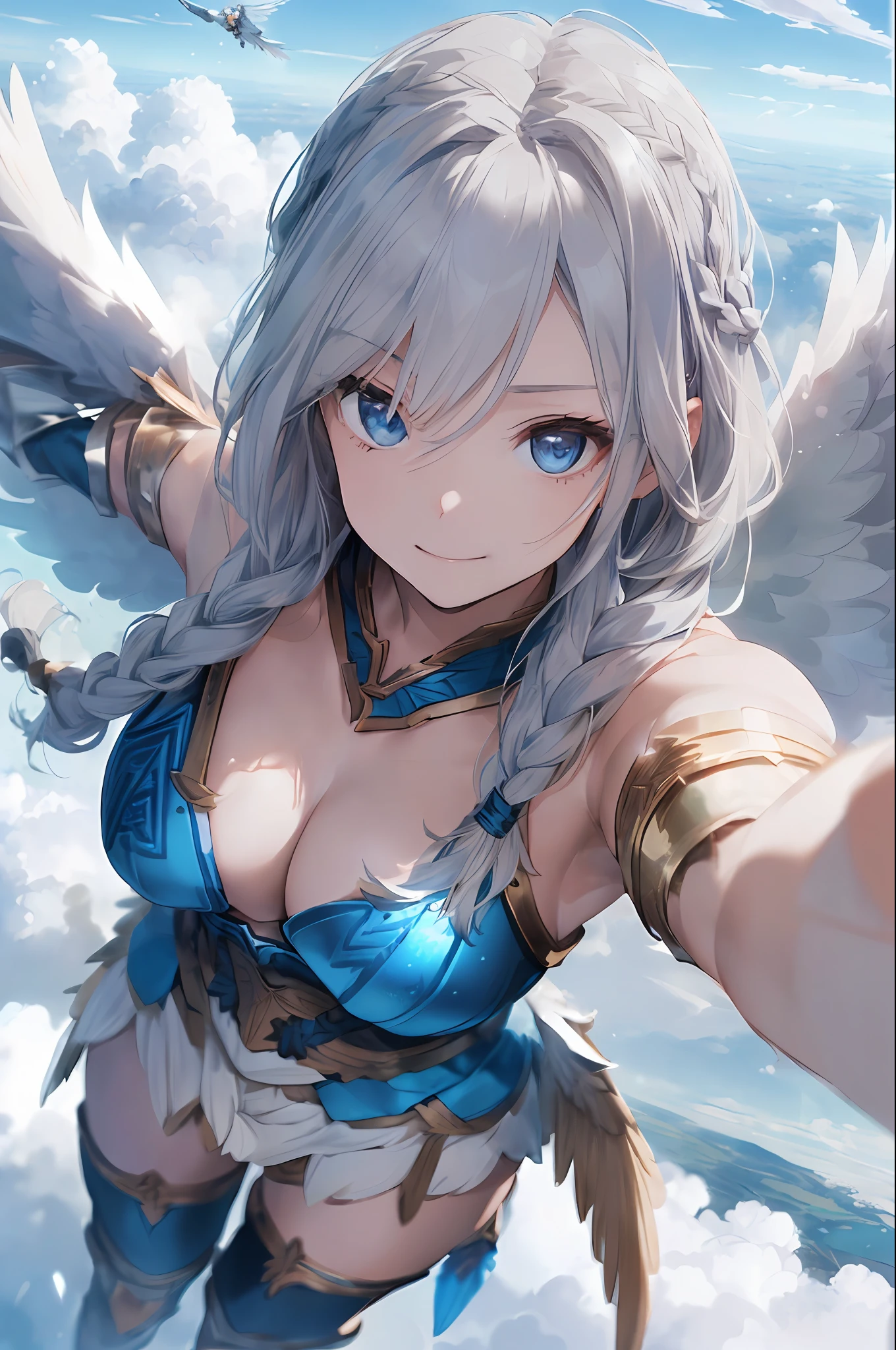 (((1Valkyrie of Man))))、(Silver hair braided hair with blue eyes)、((big chest out)) 、((A slight smile))、((Feathered circlet))、((((white and wide wings))))、(((Woman with well-formed face and body)))、(((on clouds)))、(((flying through the air)))、((Reach out to your audience))、((facefocus))、(((dynamic angle)))、((from above))