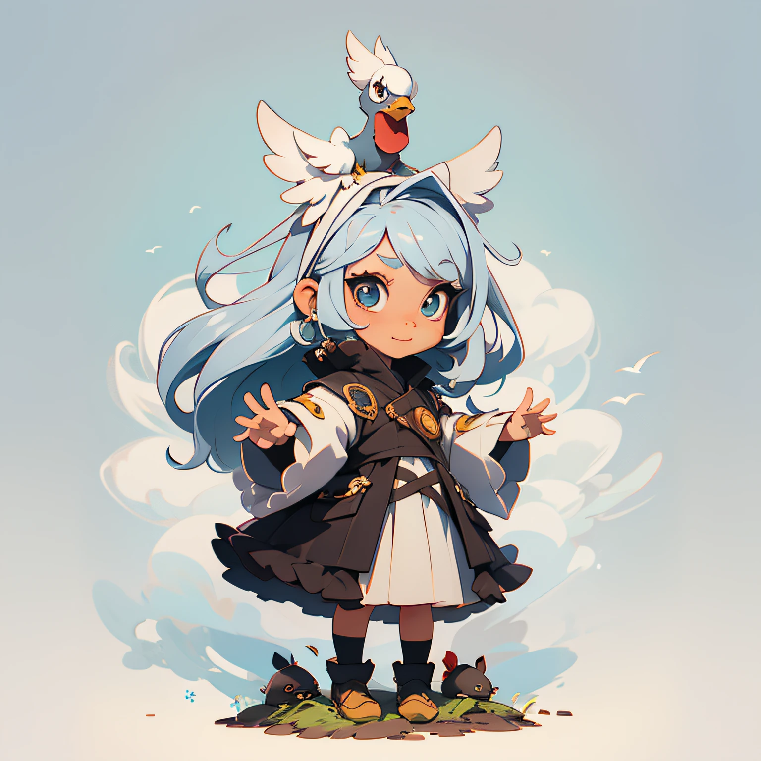 Very cute and beautiful chibi anime girl, Simple flat background, Full body, Standing, Highly detailed face and eyes, Clearly outlined, Solo、the pose、Raising both hands、has silver hair、bird cage、Feathered coat、(Chickens on the head、女の子 1 人、(KPOP Idol)、