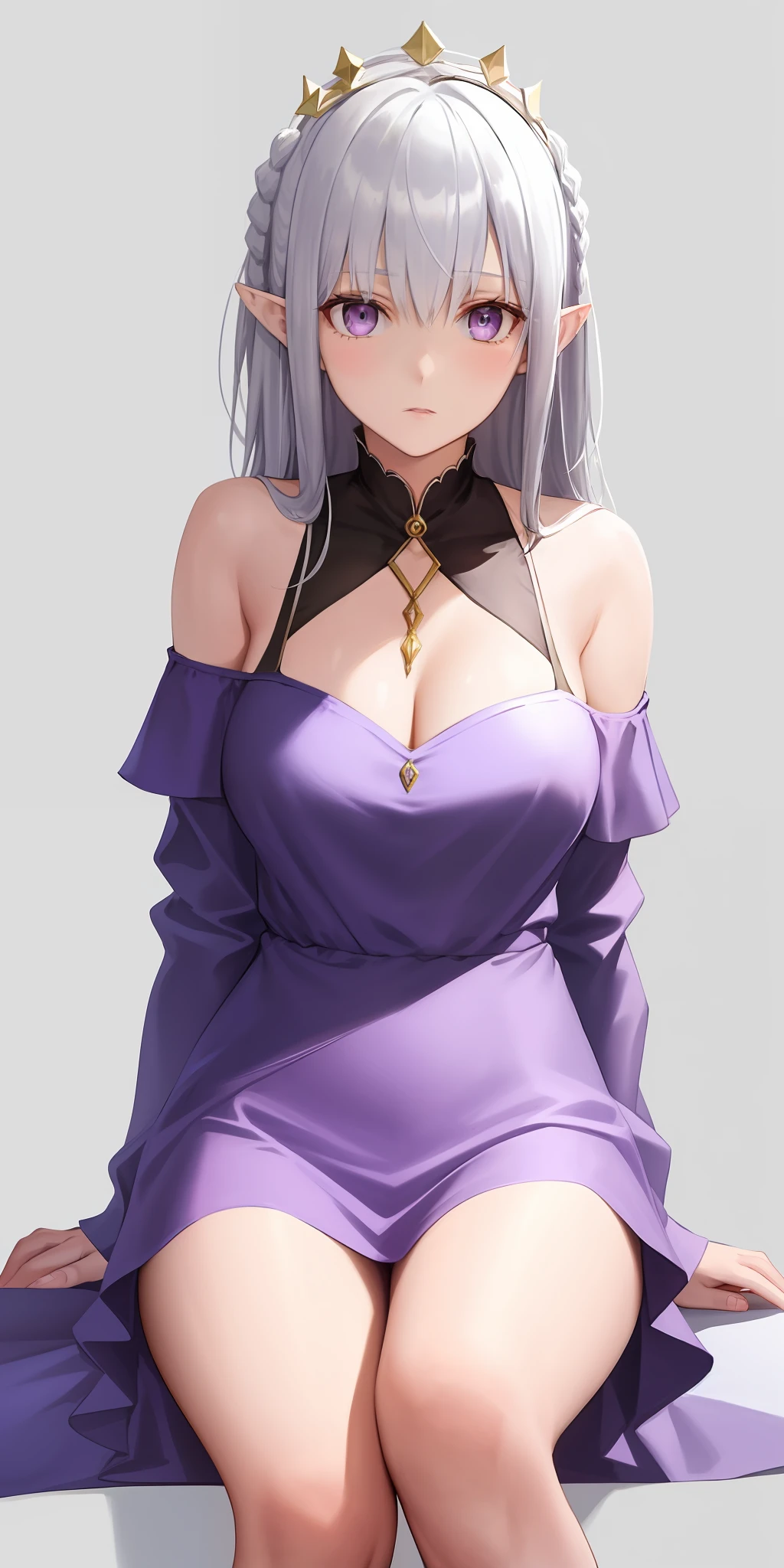 Best quality, highly detailed, masterpiece, super detailed, (realism: 1.2), 1 girl, (white background), simple background, delicate eyes, silver hair, purple eyes, hair_ornament, (white off-the-shoulder shirt: 1.3), long hair, pointed ears, crown braids, expressionless face, straight hair, (++ sitting: 1.2), big breasts,