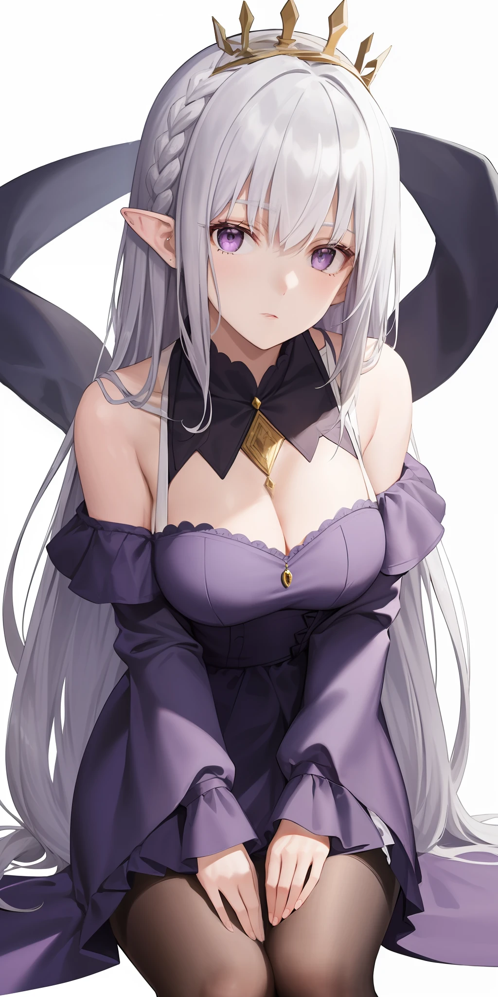 Best quality, highly detailed, masterpiece, super detailed, (realism: 1.2), 1 girl, (white background), simple background, delicate eyes, silver hair, purple eyes, hair_ornament, (white off-the-shoulder shirt: 1.3), long hair, pointed ears, crown braids, expressionless face, straight hair, (++ sitting: 1.2), big breasts,