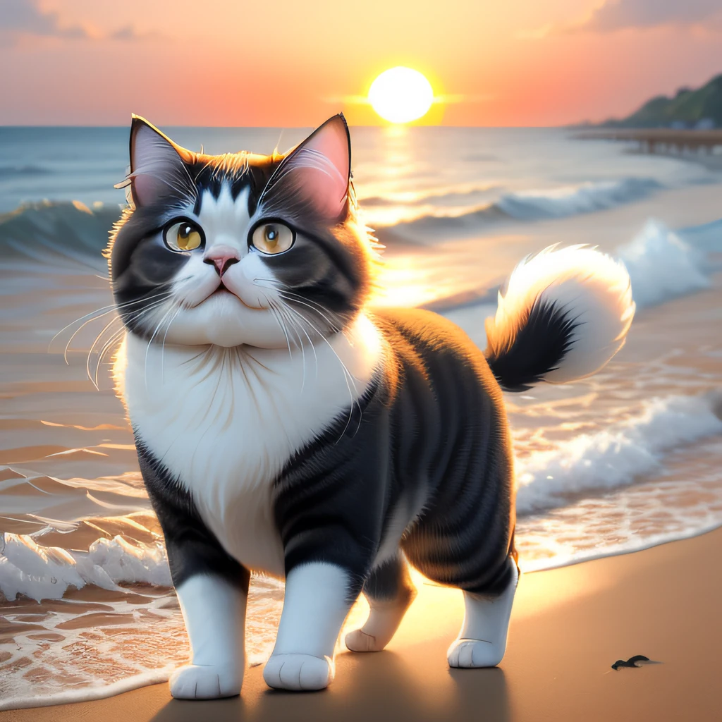 a very beautiful,prette,adorable kawaii big round eyes Persian cat, with bulging cheeks,Play by the sea in the sunset,Chasing the waves