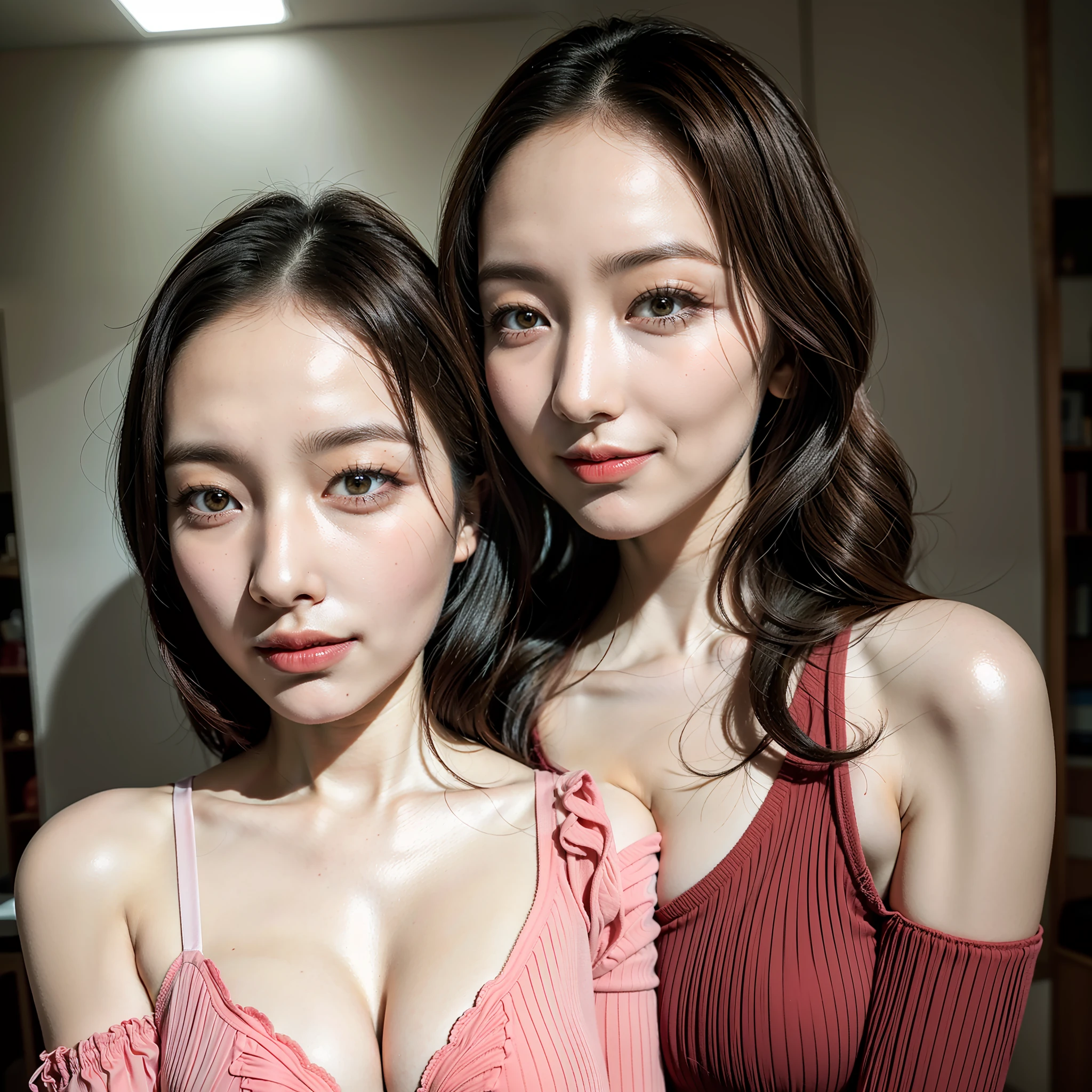 ((beste-Qualit、8K、шедевр:1.3))、((photo- realistic)), sharp foc, high picture quality, A high resolution, Portrait, Solo, japanes, Beautie, A sexy, bra very, 50 years old, Wavy Hair, Wrinkles at the corners of the eyes, dark backgrounds, Brown hair, red-lips, portlate, solo,