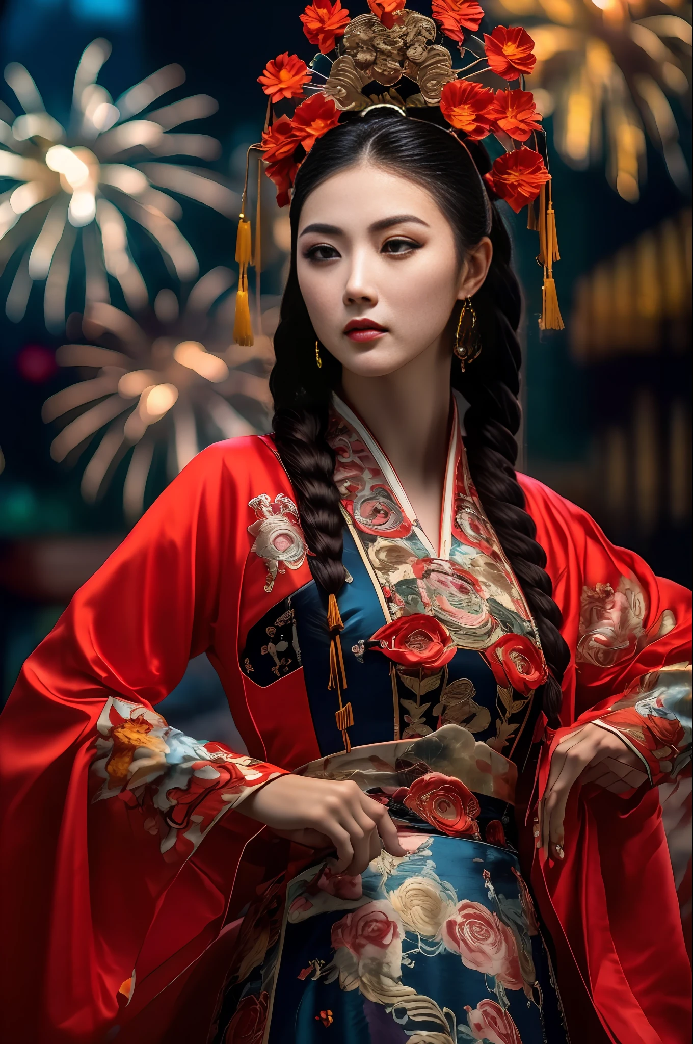 masterpiece,(best quality:1.3),ultra high res,raw photo,detailed skin,beautiful lighting,(realistic, photo-realistic:1.4),
1girl,guofeng,full body,(Fireworks background:1.2),Professional stage light,