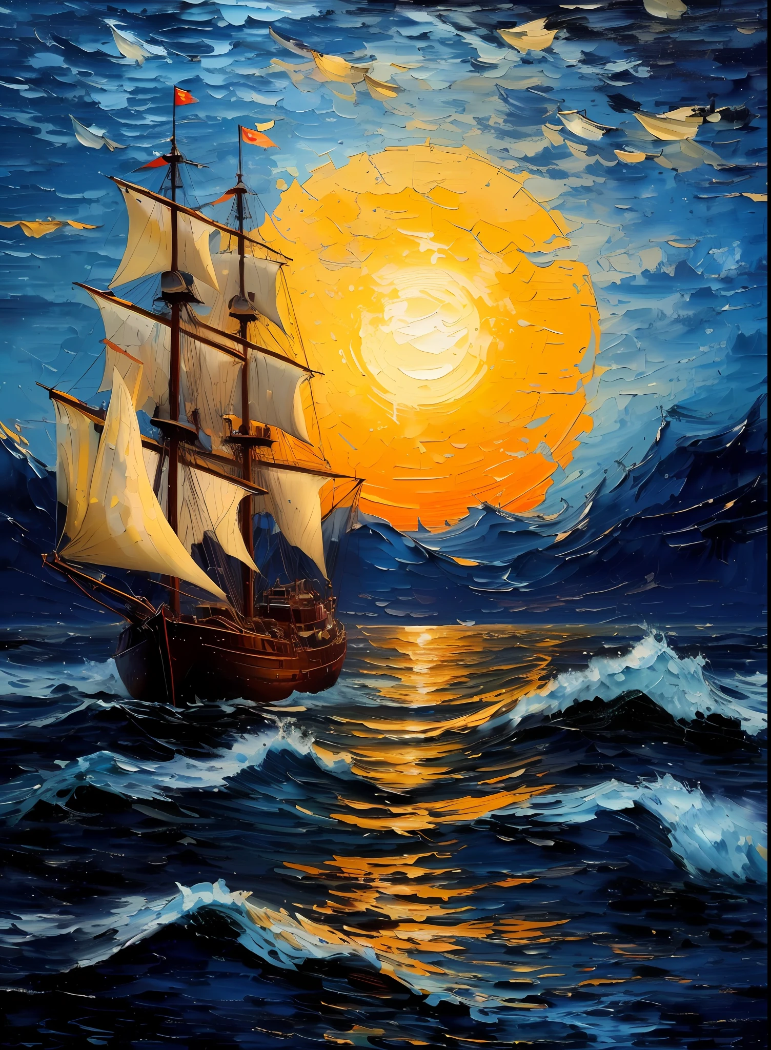 painting of a sailboat in the ocean at sunset, oil painting 4k, oil painting 4 k, Detailed painting 4 k, Oil painting style, Beautiful art u HD 4 K, Oil painting. HD, 8 K HD detailed oil painting, detailed 4 k oil painting, 4 k oil painting, oil paint style, ship at sea, oil on canvas 4k