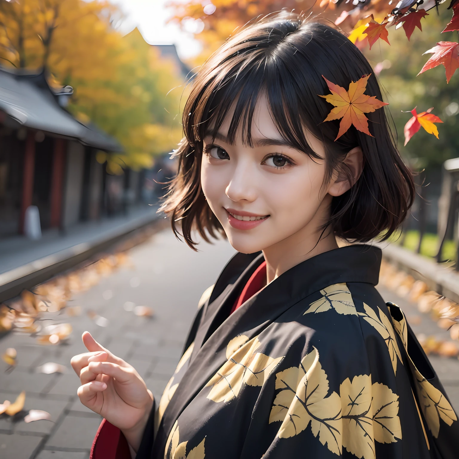 (8K、4K、Top image quality、A high resolution、ultra-high-resolution:1.1)、(шедевр、The photograph、photo- realistic:1.1)、autumn leaves、1girl in(smile:1.2)、black-haired、Black eyes、short-cut、Kimono、japanes