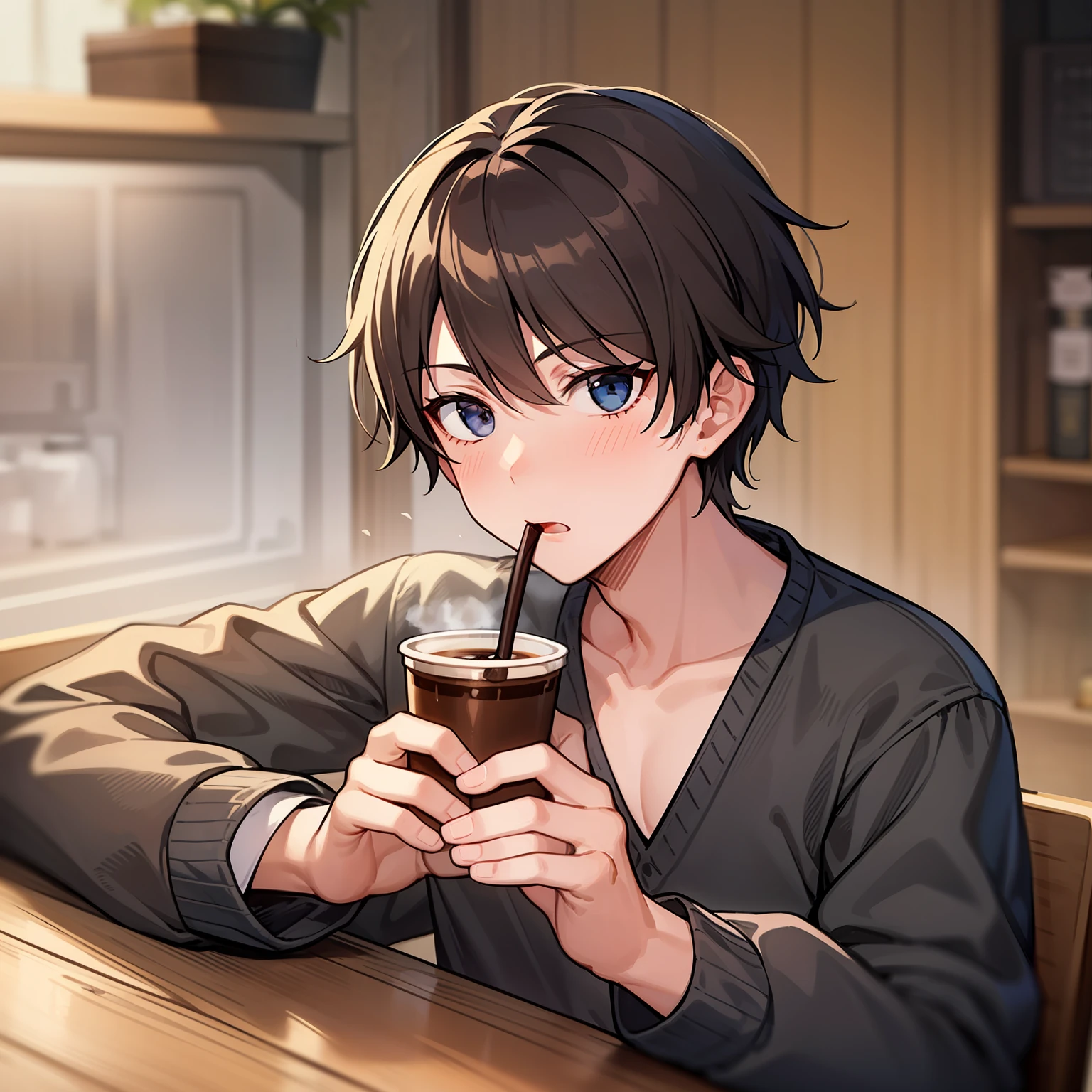 [boy raises an eyebrow, intrigued, and takes a sip from his cup.] boy: "Oh really? Let's put it to the test... I predict that your future holds... an endless supply of Chocolate!] scene in the coffee Make the boy age 21 and make him handsome