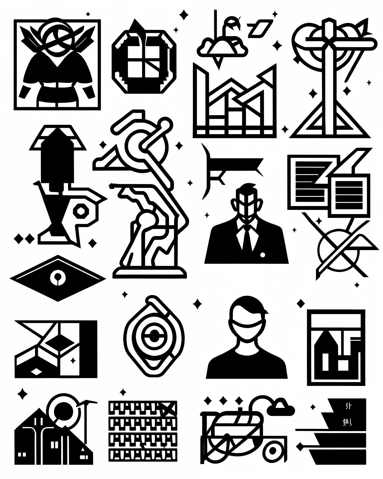Outlined business black and white icons、Nazi、Sharp geometry、boldness、Maria、clearly、Large poster presenting everyday objects