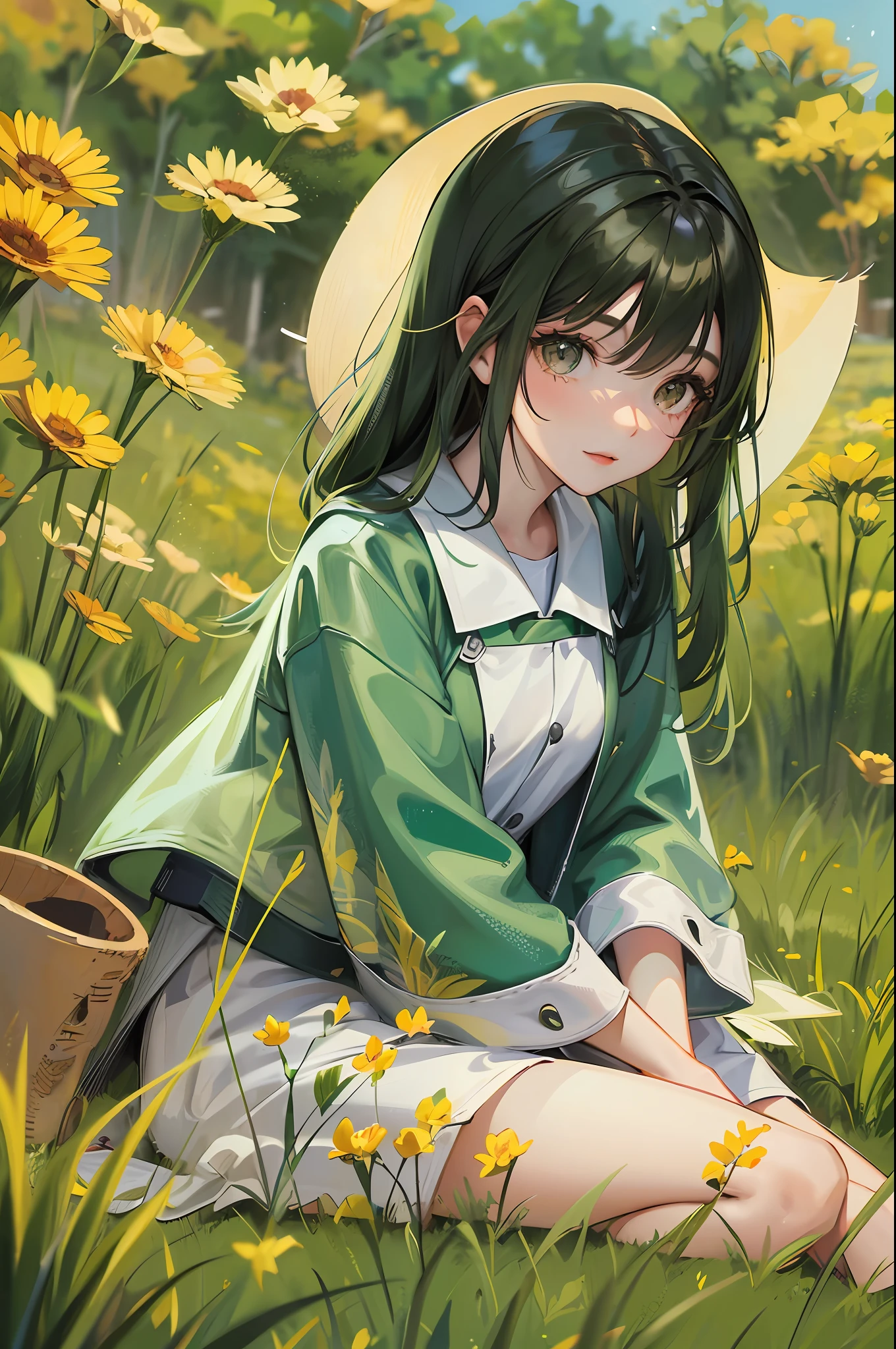 There is a young girl sitting in tall grass smiling, young asian girl, Chinese girl, cute young, in open green field, on grass, cute girl portrait, autumn breeze, green grass, yellow grass