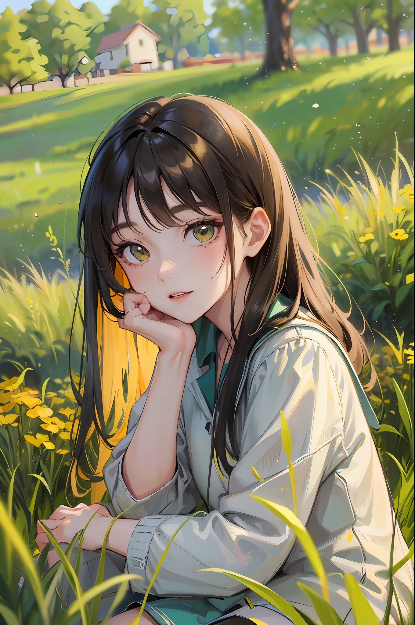 There is a young girl sitting in tall grass smiling, young asian girl, Chinese girl, cute young, in open green field, on grass, cute girl portrait, autumn breeze, green grass, yellow grass