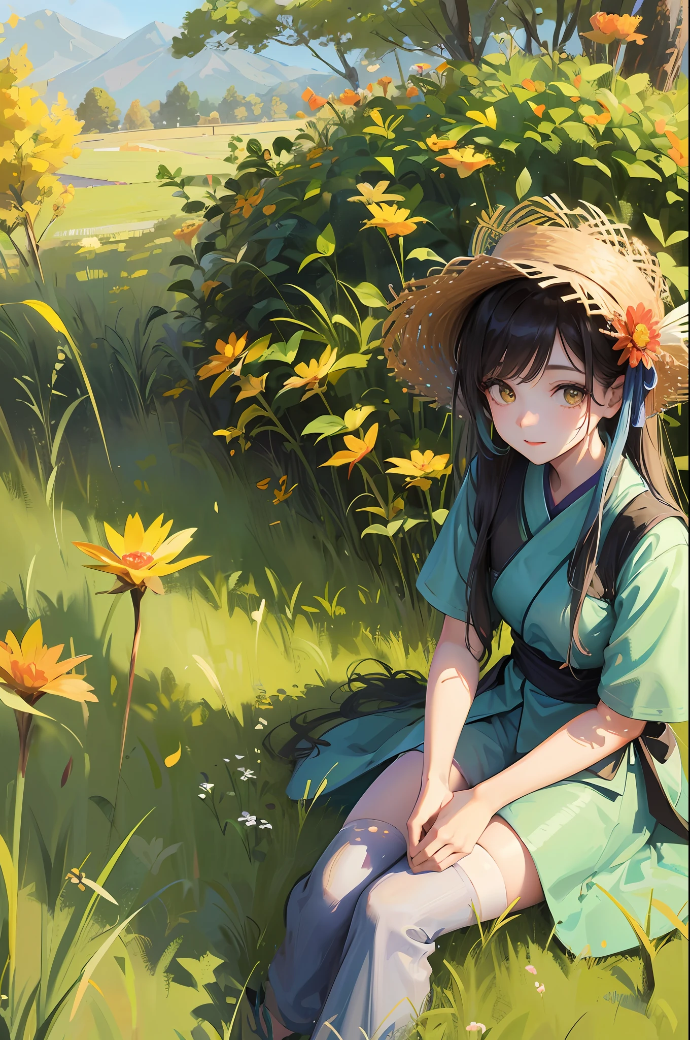 There is a young girl sitting in tall grass smiling, young asian girl, Chinese girl, cute young, in open green field, on grass, cute girl portrait, autumn breeze, green grass, yellow grass