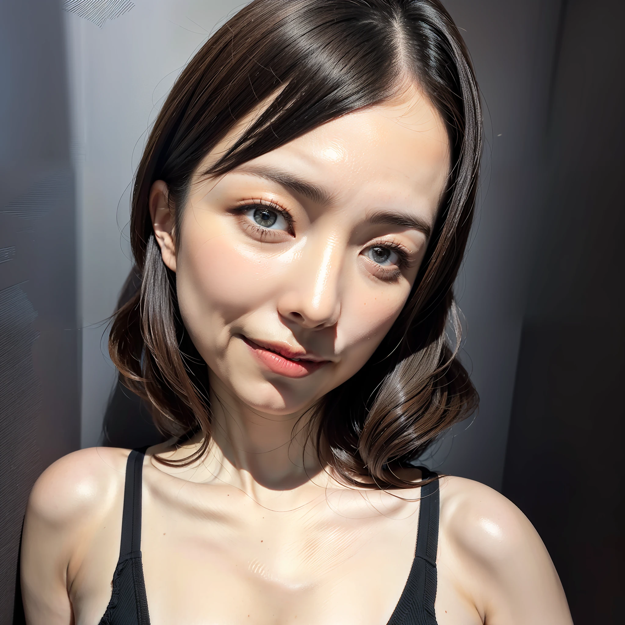 ((beste-Qualit、8K、шедевр:1.5))、((photo- realistic)), sharp foc, high picture quality, A high resolution, Portrait, ((Solo)), japanes, Beautie, A sexy, bra very, 50 years old, Wavy Hair, Wrinkles at the corners of the eyes, dark backgrounds, Brown hair, red-lips, portlate, Portrait of a mature woman