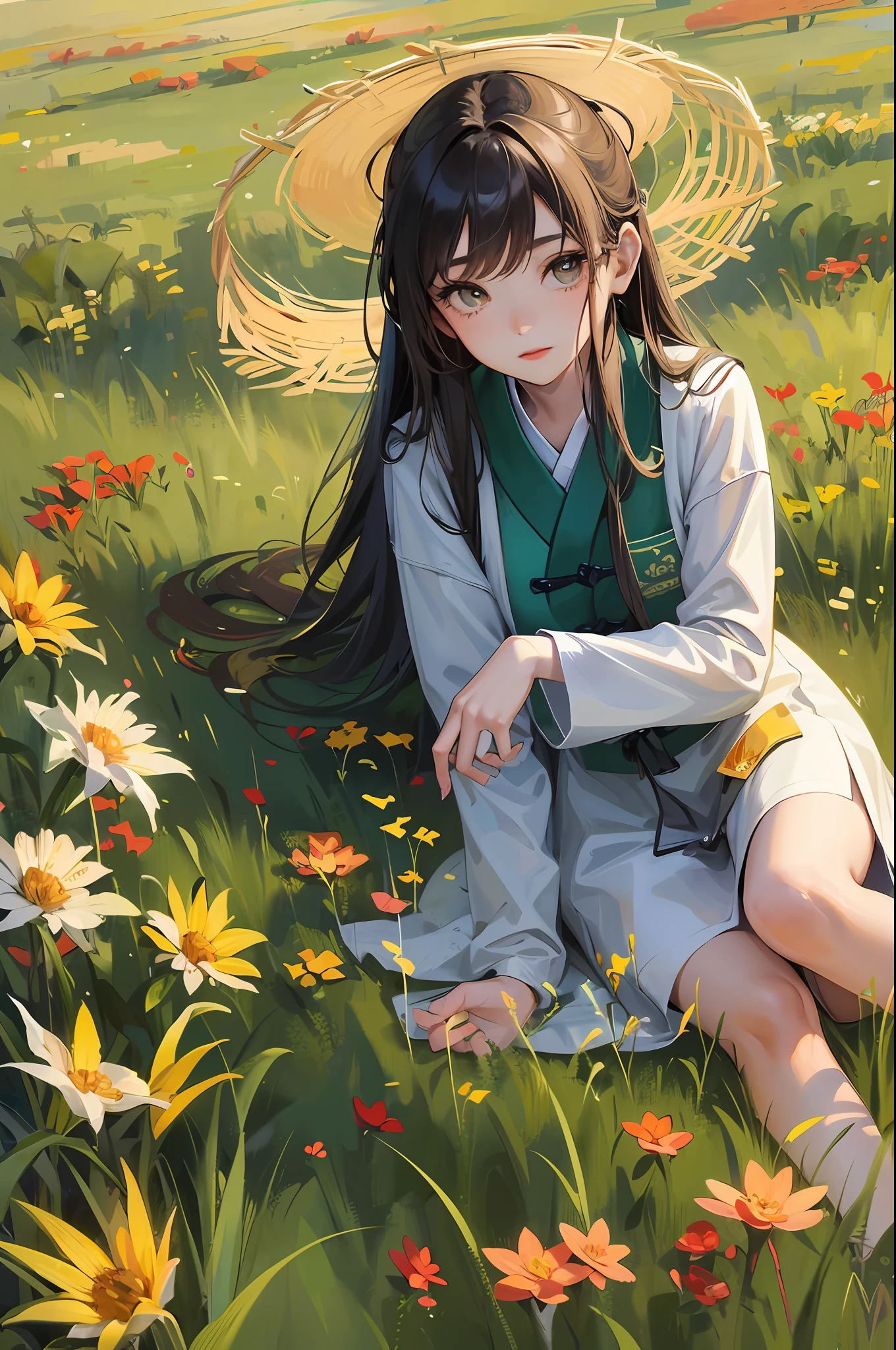 There is a young girl sitting in tall grass smiling, young asian girl, Chinese girl, cute young, in open green field, on grass, cute girl portrait, autumn breeze, green grass, yellow grass