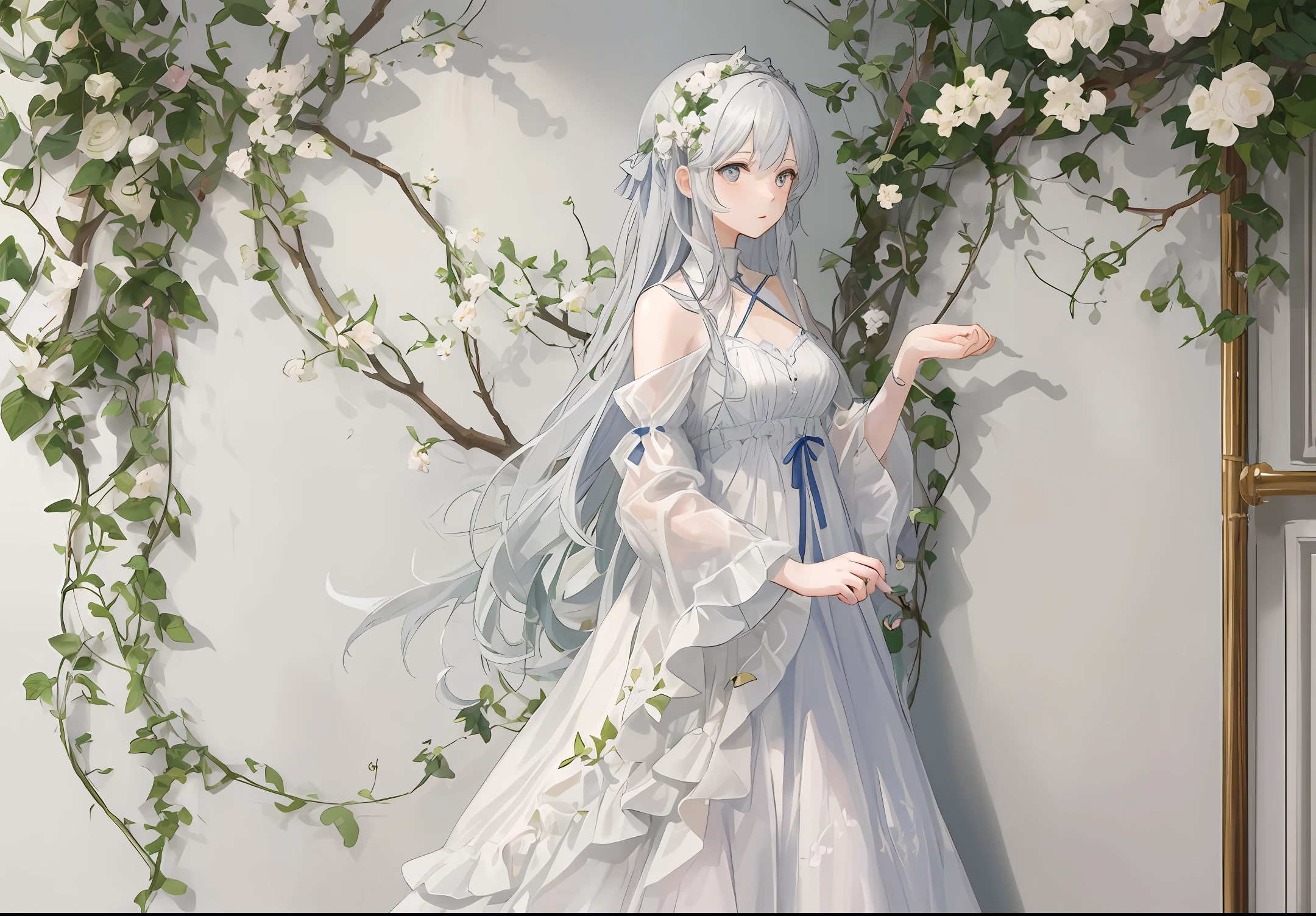 white blossoms、Entangled ivy、no human figures、wall-paper、Pastel tones、Delicate touch