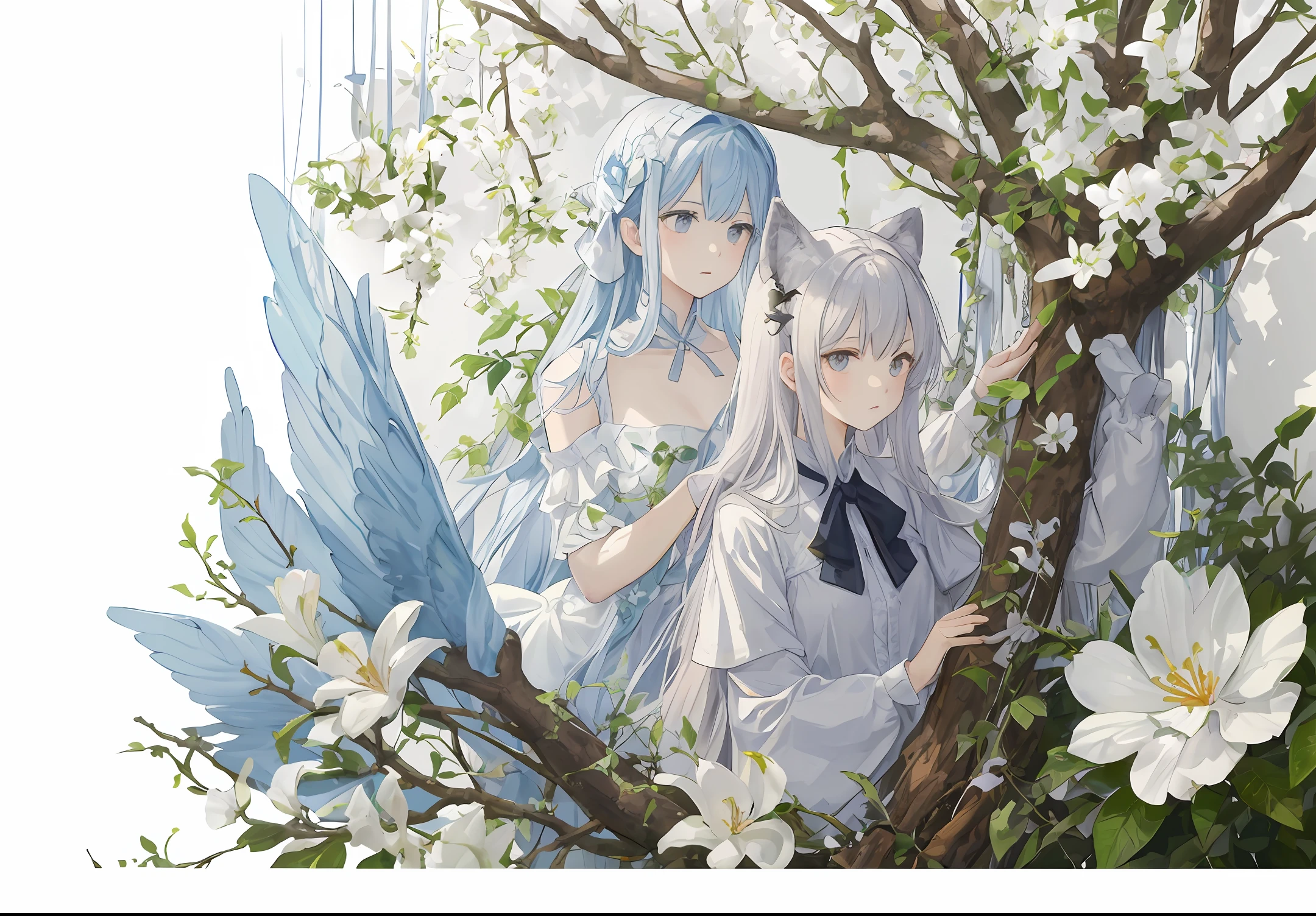 white blossoms、Entangled ivy、no human figures、wall-paper、Pastel tones、Delicate touch
