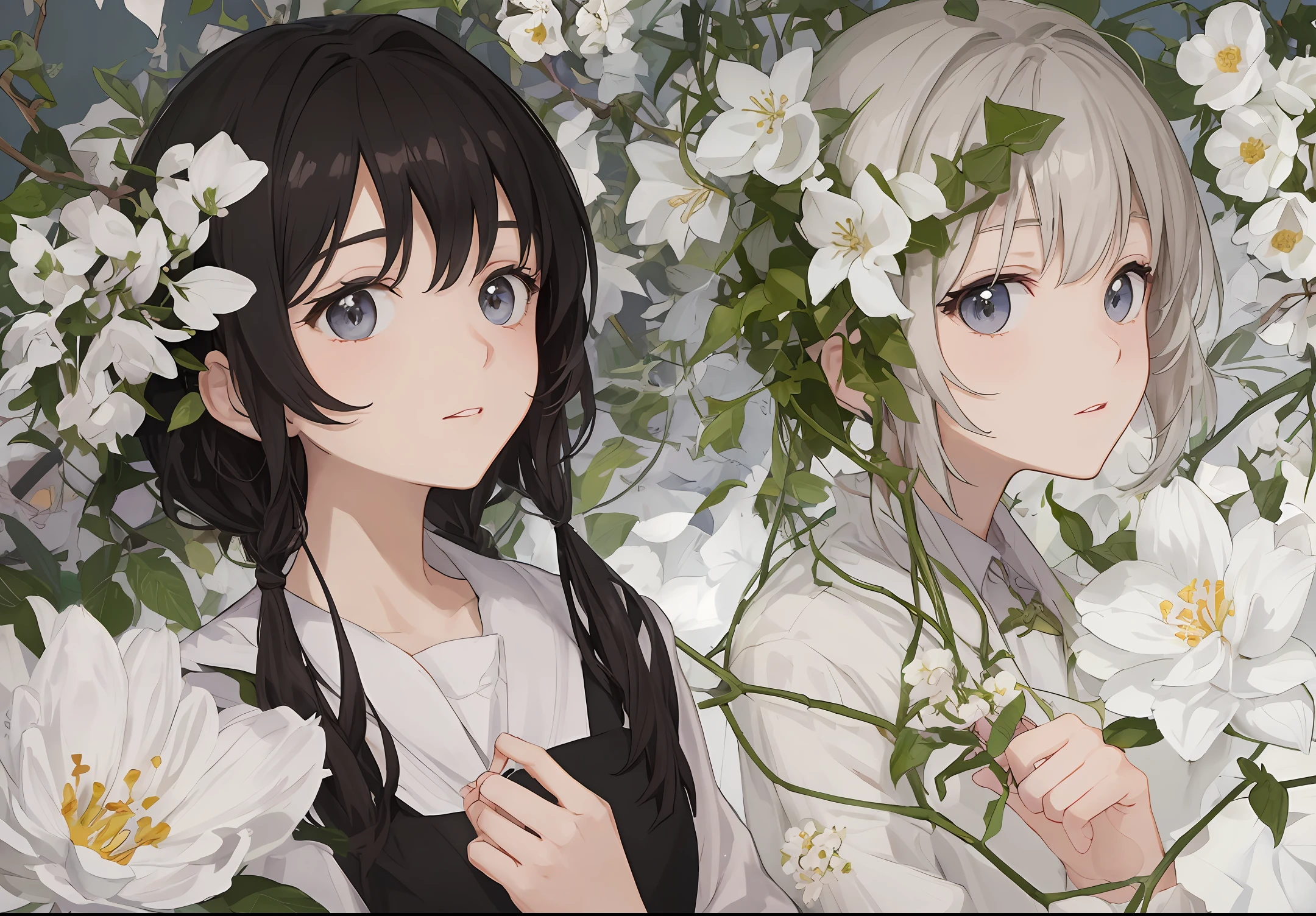 white blossoms、Entangled ivy、no human figures、wall-paper、Pastel tones、Delicate touch
