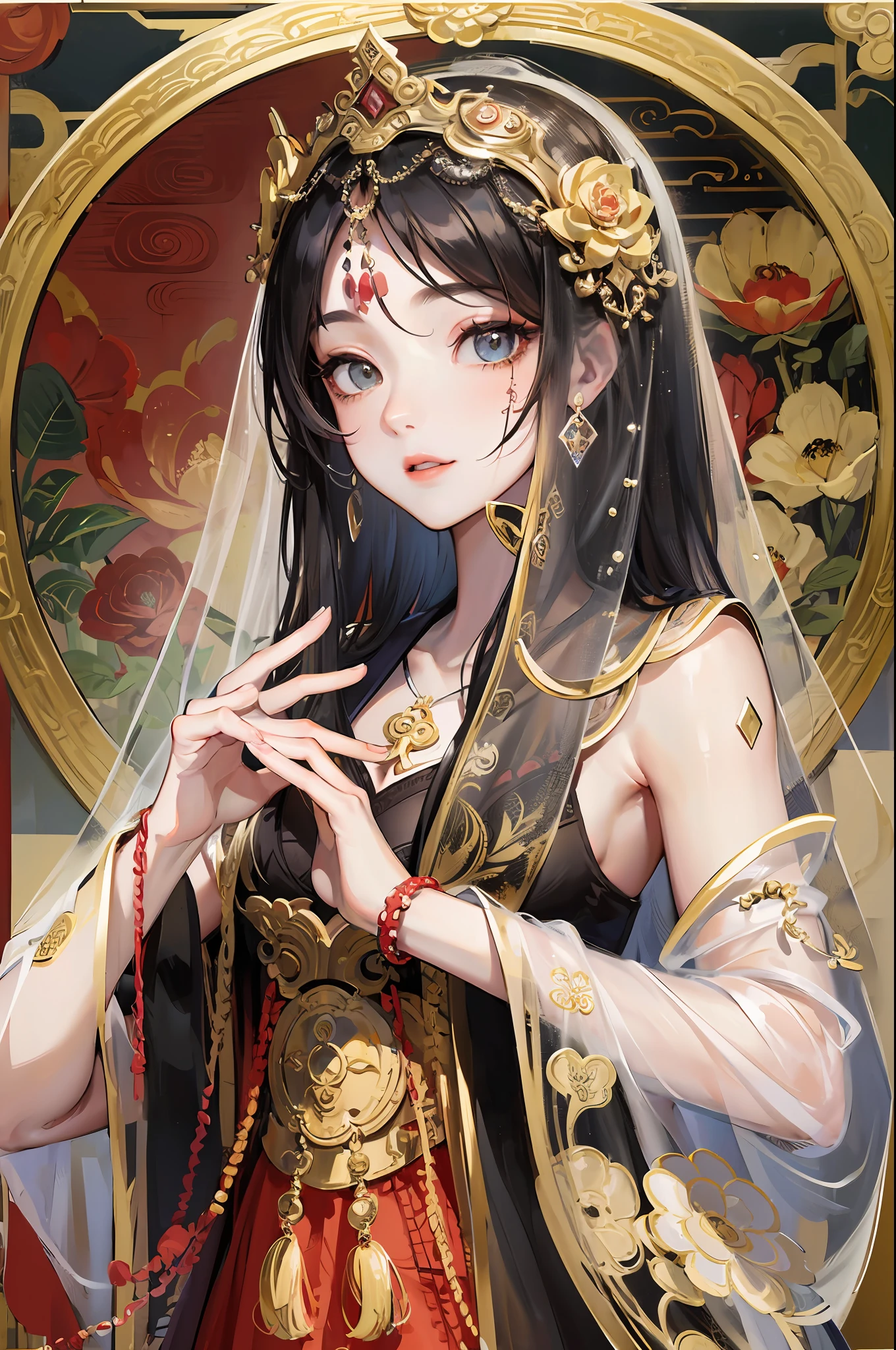 The best quality, masterpiece, high picture quality, (face with fabric (transparent)) Dunhuang style, black gold-rimmed veil on the delicate face, high nose, crimson lips look particularly charming