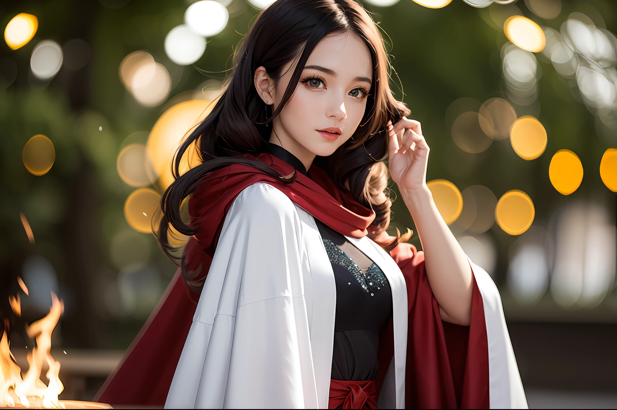 ((1 girl)), magician, light magic, wearing a white robe made of light, magic forest, flowing, (Fire)) magic), tight magician's clothing, magic clothes, ((flowing hairstyle)))), (shining eyes))), wearing a cloak, (((bokeh)), depth of field,