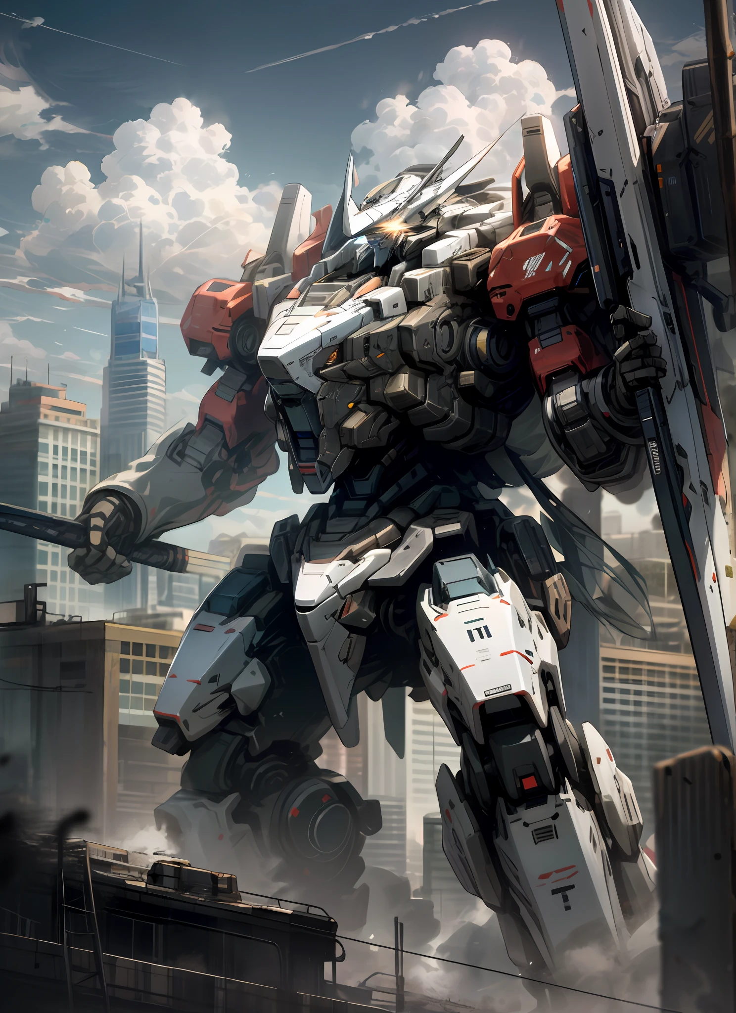 sky, cloud, holding_weapon, no_humans, glowing, , robot, building, glowing_eyes, mecha, science_fiction, city, realistic,mecha