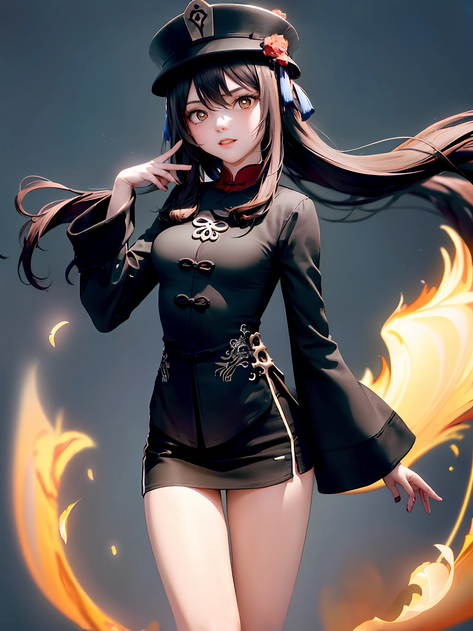 1girl huge large breasts, (Single person:1.2)，(巨作:1.2), (Best quality:1.2), break [Blue:peach red:0.5] Theme, (gradient backgrounds :1.1), Cowboy shot, Upper body body，Cinematic light，(Perfect hand 1.5)， Slender beautiful legs，Flat chest，Playful，(Background of ancient Chinese architecture:1.2)，long  sleeves，wearing hat