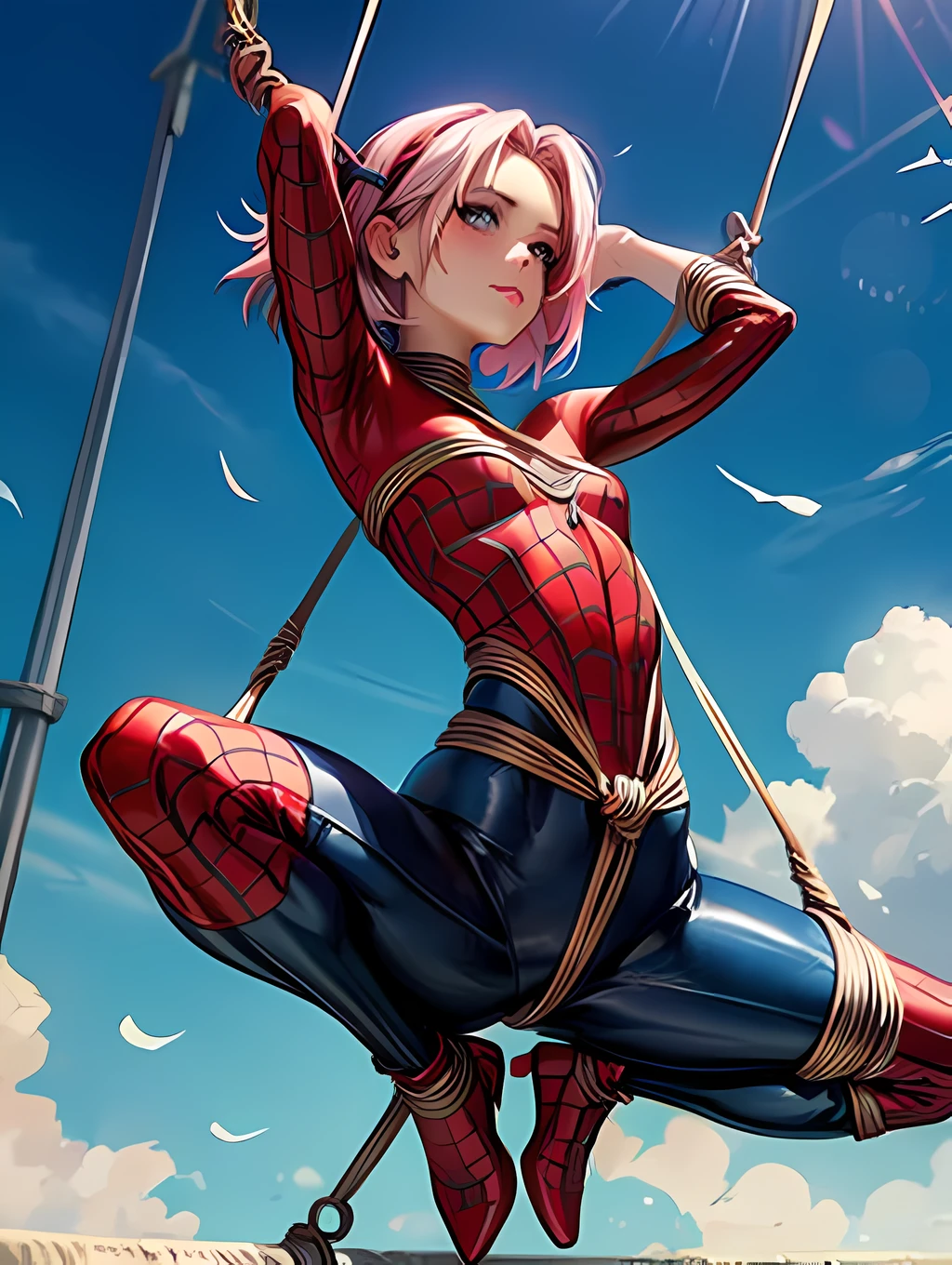 Beautiful woman detailed defined body using spider man cosplay, small breasts, ((sakura Haruna)),pink hair, BDSM,bondage, tight rope,bdsm