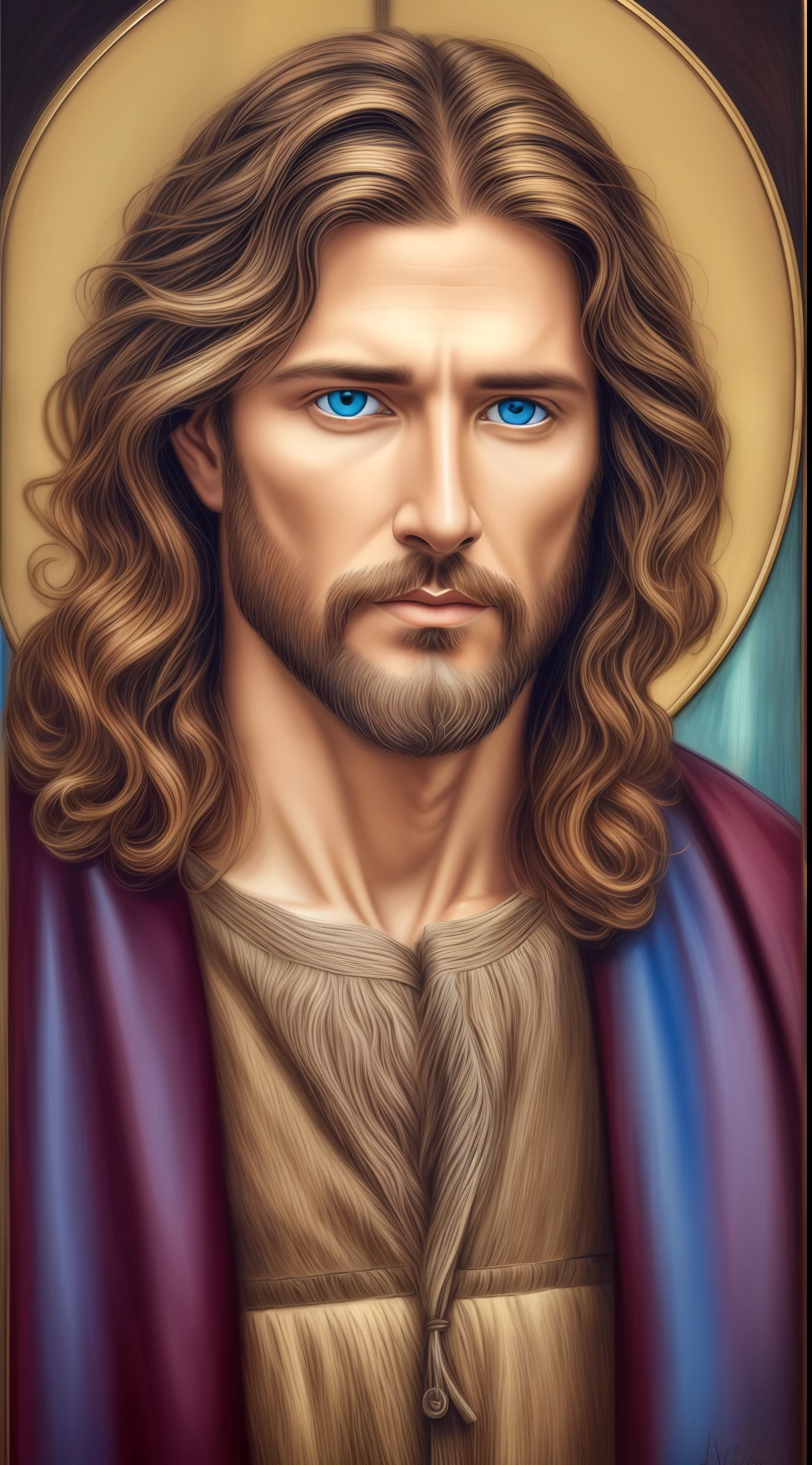 Portrait of a handsome man, Jesus Christ, real blue eyes, sunny day, intricate details.real jesus lord, straight head face, Straight body.