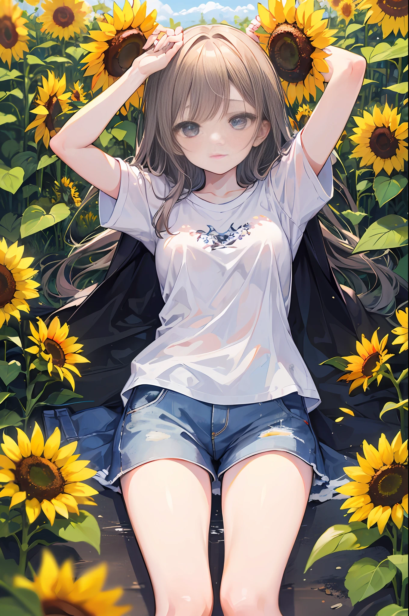 (шедевр、最好质量:1.2)、ultra hyper-detailed、lighting like a movie、（（1 beutiful girl））、body complet、shirts、summer vacation、a country road、Sunflower field、135mm f/1.8