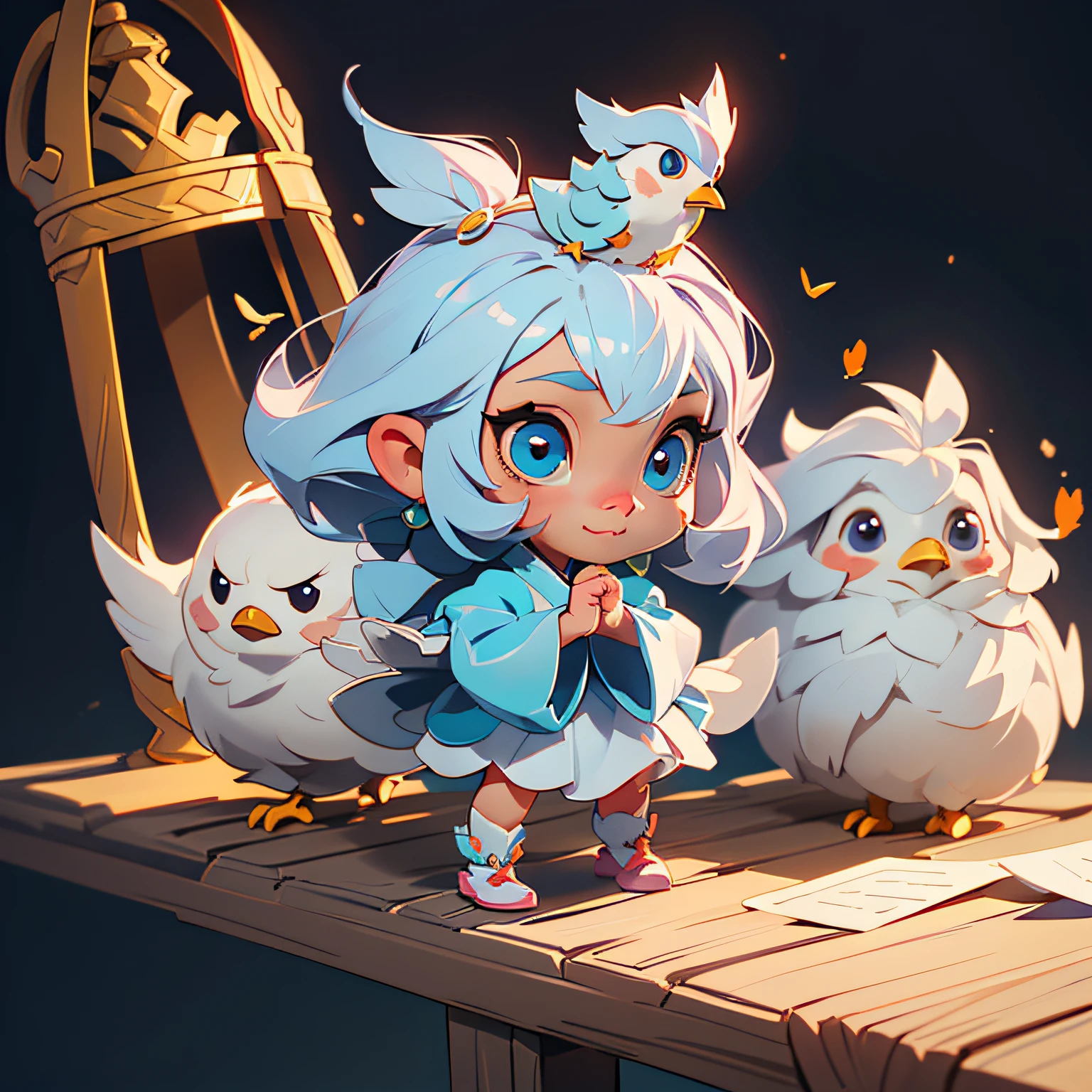 (8K、Raw photography、beste-Qualit、шедевр:1.2)、(realisitic、Photoreal:1.37(Charming chick)、Bird's nest in a huge egg、Little chicken、portlate、cute-cute、Professional Writing、Photon mapping、Physically Based Rendering、a wide shot、Very cute and beautiful chibi anime girl, Simple flat background, Full body, Standing, Highly detailed face and eyes, Clearly outlined, Solo、the pose、Raising both hands、has silver hair、bird cage、Feathered coat、(Chickens on the head、 1 人、(KPOP Idol)