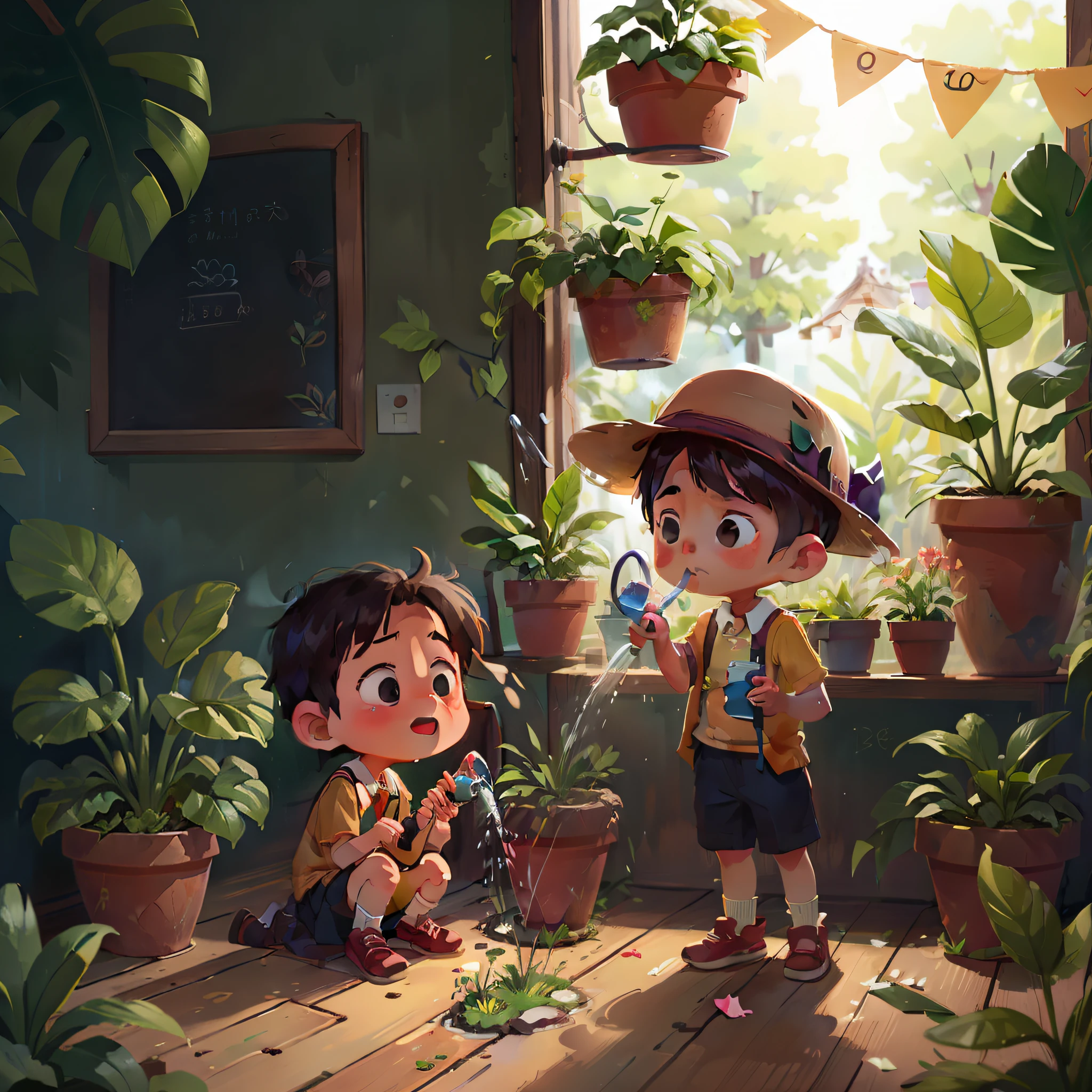 Watering children、lovly、schoolboy、Watering the flower、There are flowers inside the pot、fresh flowers、A little boy、All standing
