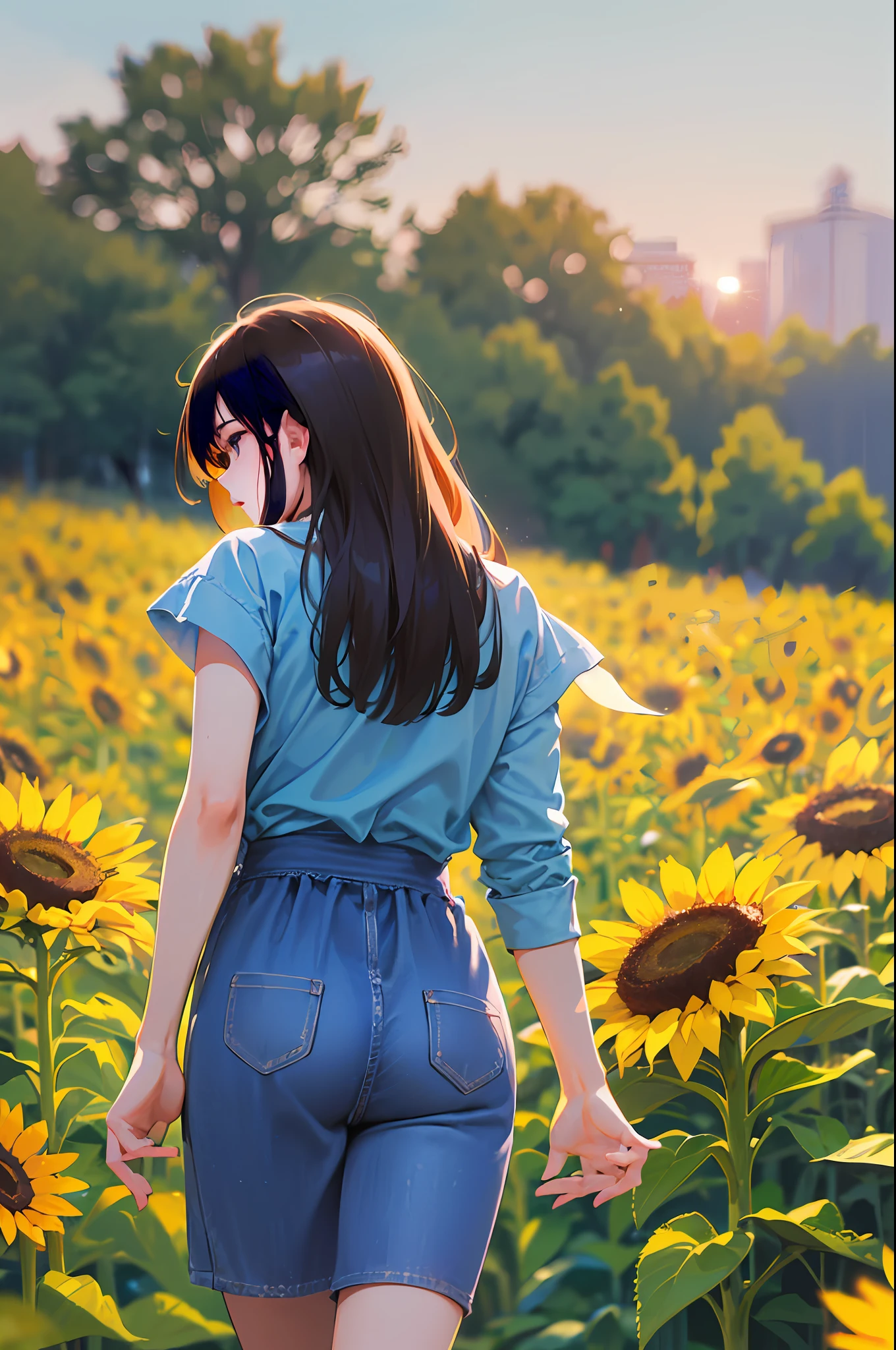 (шедевр、最好质量:1.2)、ultra hyper-detailed、lighting like a movie、((1 beutiful girl))、body complet、shirts、summer vacation、a country road、Sunflower field、135mm f/1.8