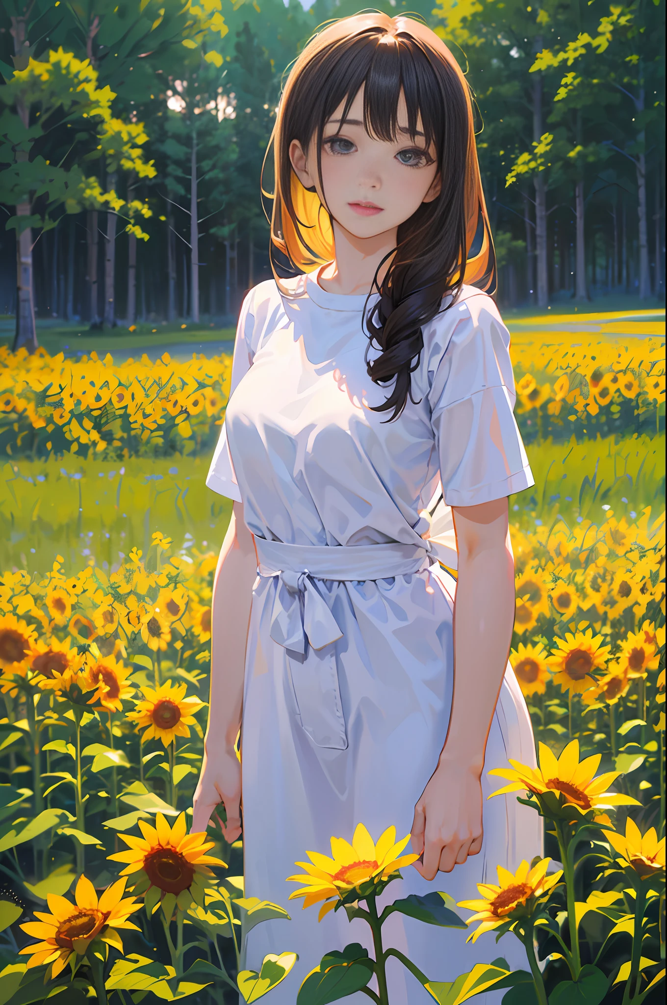 (шедевр、最好质量:1.2)、ultra hyper-detailed、lighting like a movie、((1 beutiful girl))、body complet、shirts、summer vacation、a country road、Sunflower field、135mm f/1.8