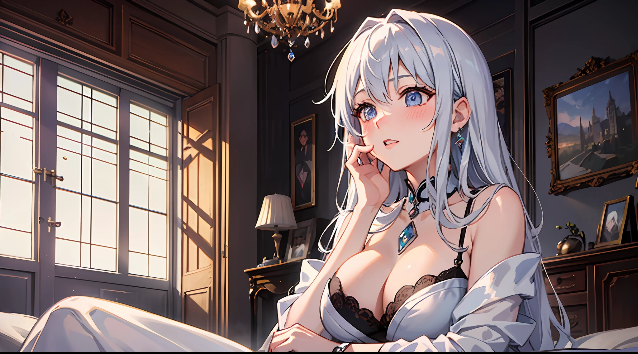 1womanl，A beautiful middle-aged woman with long silver hair，Mature woman，Royal sister，wearing white pajamas，with a good figure，In a villa，sit on a bed，From the right，Shy, Blush, Ear blush, flustered, full blush，Very luxurious decorations，Exquisite facial features，Clear facial expressions，Detailed digital anime art，Digital anime art，High quality anime art style，Handsome anime pose，Smooth anime CG art，It was dark，There is moonshine，There are lights in the living room