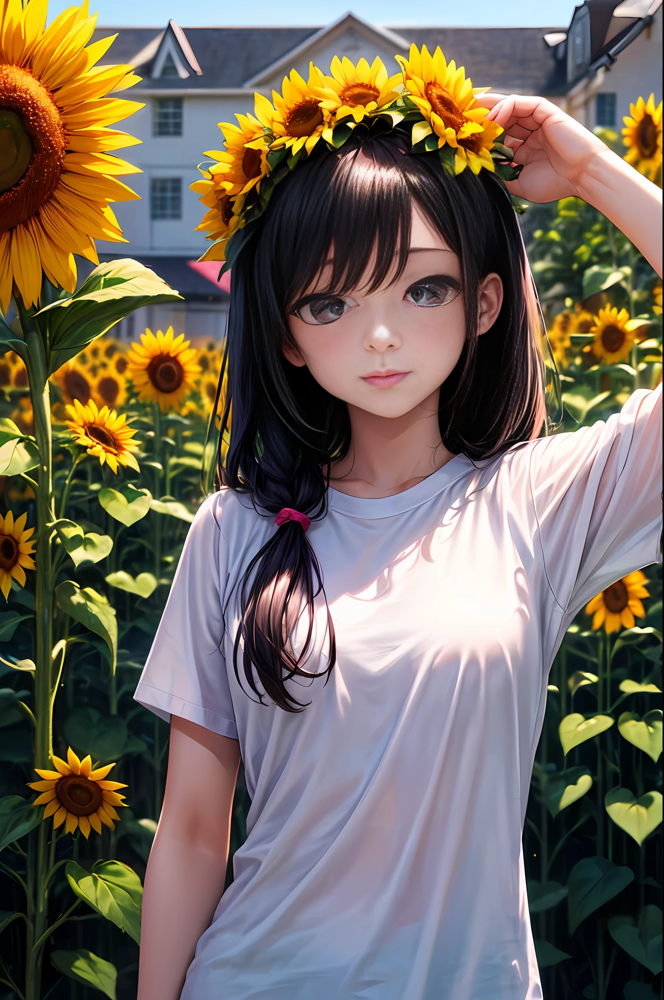 (шедевр、最好质量:1.2)、ultra hyper-detailed、lighting like a movie、((1 beutiful girl))、body complet、shirts、summer vacation、a country road、Sunflower field、135mm f/1.8