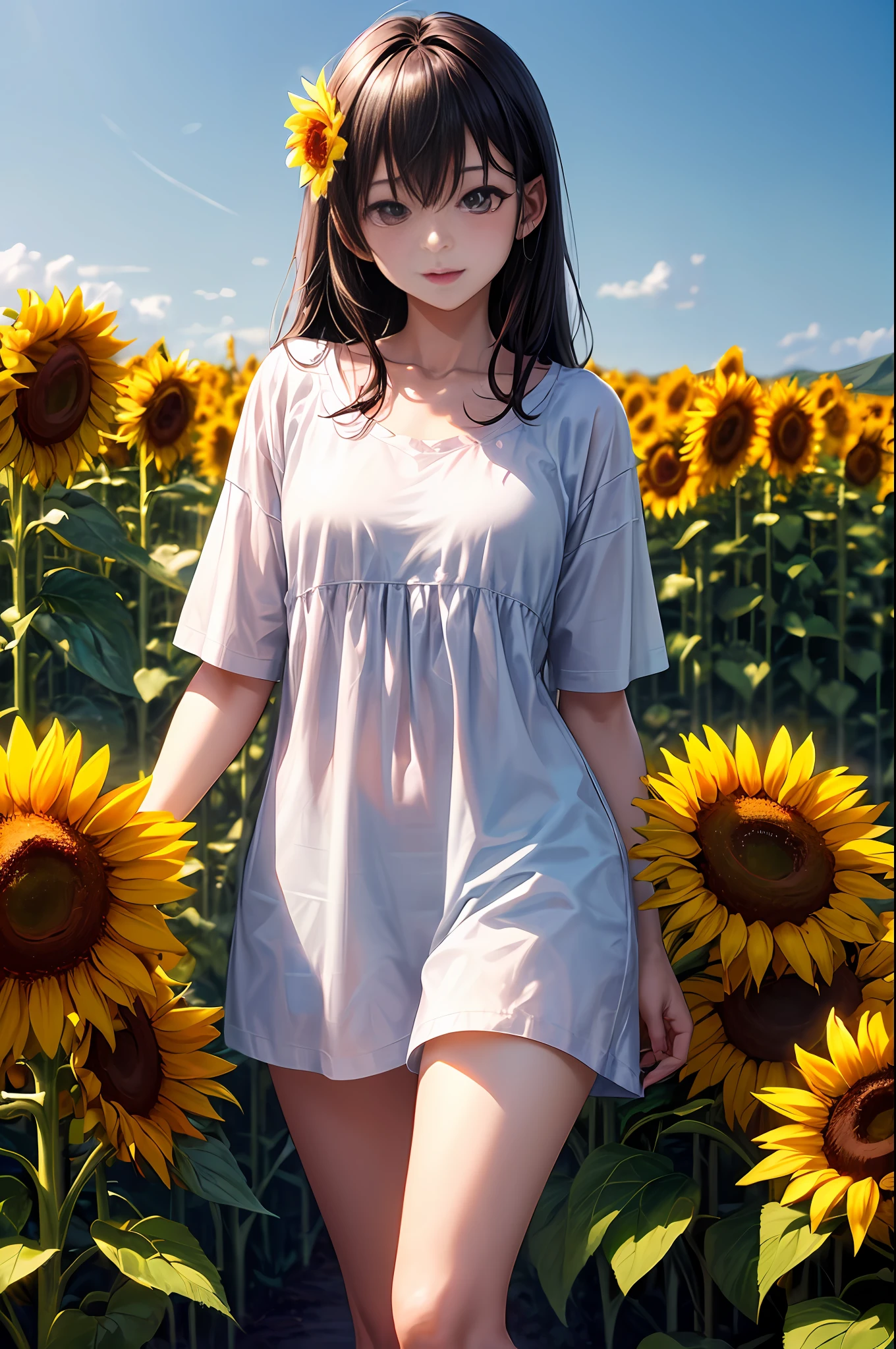 (шедевр、最好质量:1.2)、ultra hyper-detailed、lighting like a movie、（（1 beutiful girl））、body complet、shirts、summer vacation、a country road、Sunflower field、135mm f/1.8