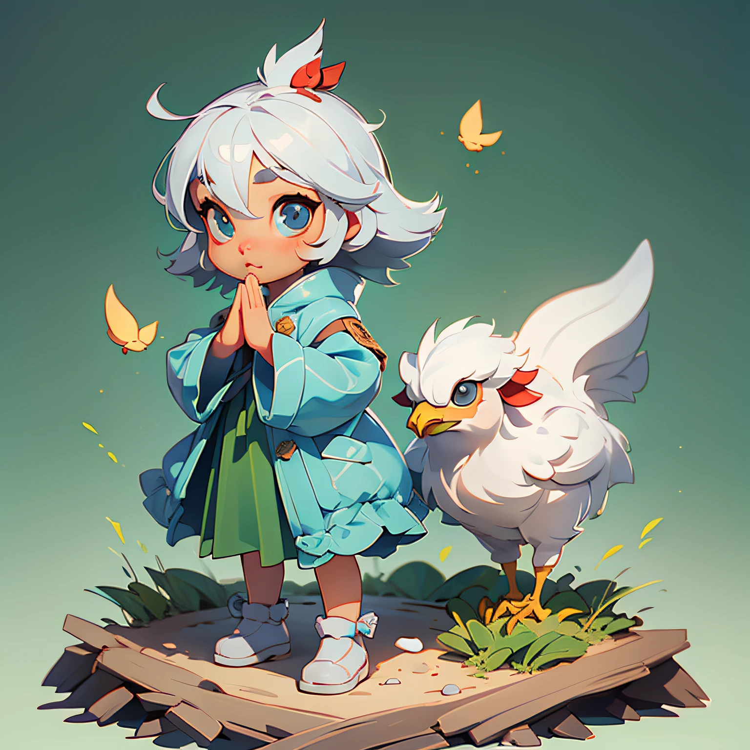 (8K、Raw photography、beste-Qualit、шедевр:1.2)、(realisitic、Photoreal:1.37(Charming chick)、Bird's nest in a huge egg、Little chicken、portlate、cute-cute、Professional Writing、Photon mapping、Physically Based Rendering、a wide shot、Very cute and beautiful chibi anime girl, Simple flat background, Full body, Standing, Highly detailed face and eyes, Clearly outlined, Solo、the pose、Raising both hands、has silver hair、bird cage、Feathered coat、(Chickens on the head、女の子 1 人、(KPOP Idol)