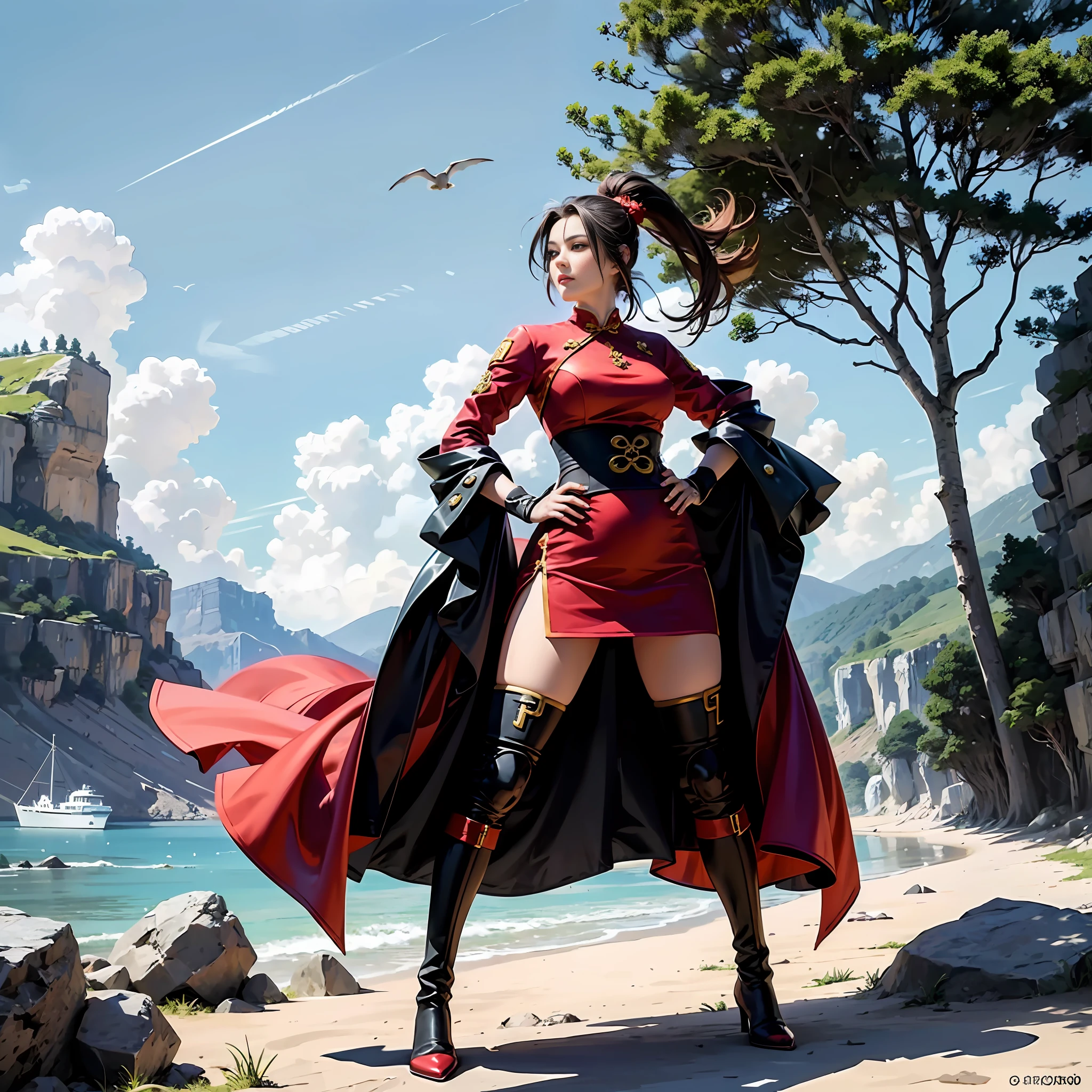 Woman in blue and red cheongsam standing on a rock by the sea, 《dragonball》Cyborg 18 , posing ready for a fight, mai shiranui, elegant cinematic pose, fighting game character, character posing,Over-the-knee boots。 --auto