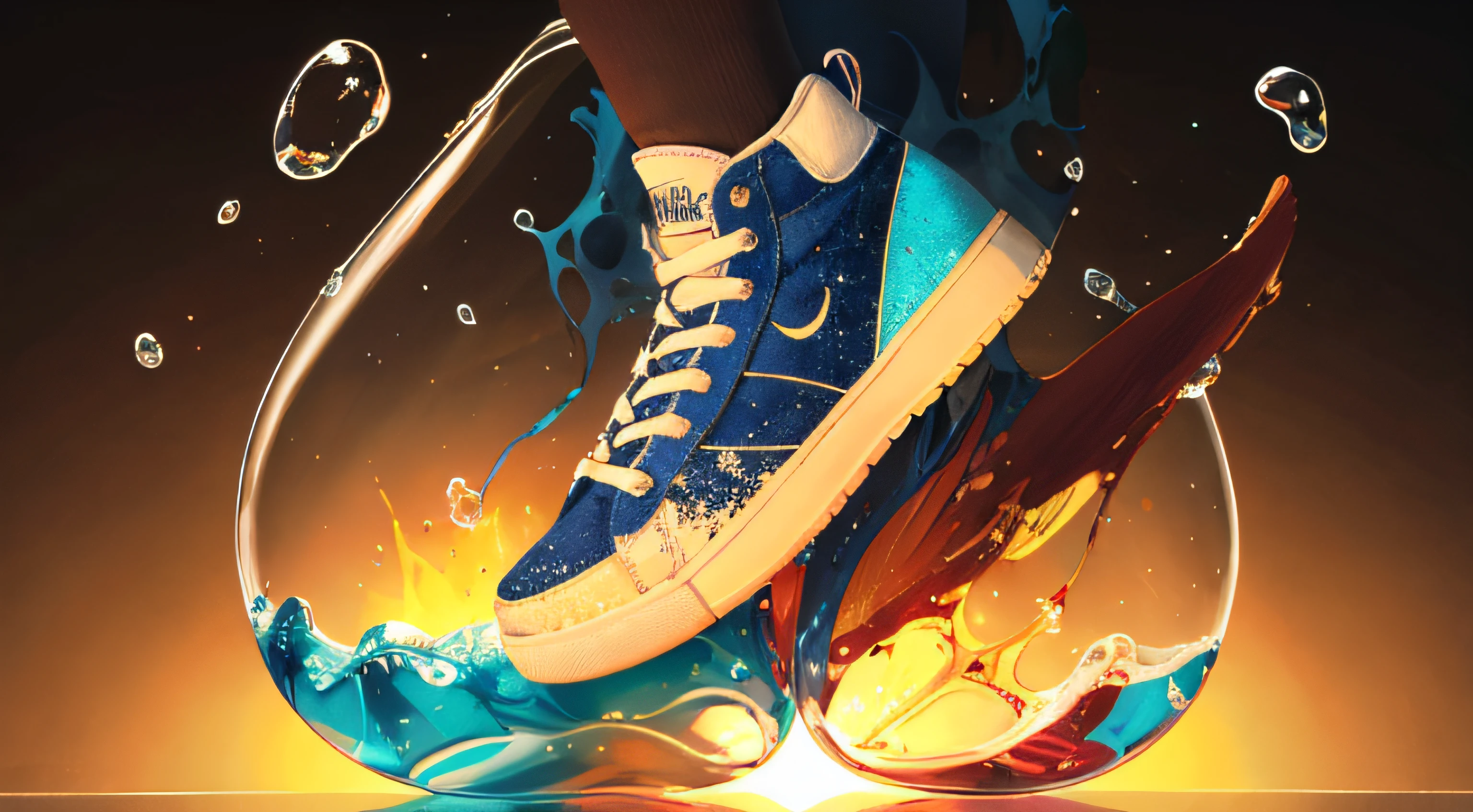 (Fantastic photos:1.3)(Realiy:1.3),(Full of dynamism:1.3)Product photography of sneakers falling into a glass of water,splatters,intrikate,Epic,(Artist RHADS:1.3),abundantly detailed,(Provia: 1.3),Realiy感,superhighresolution