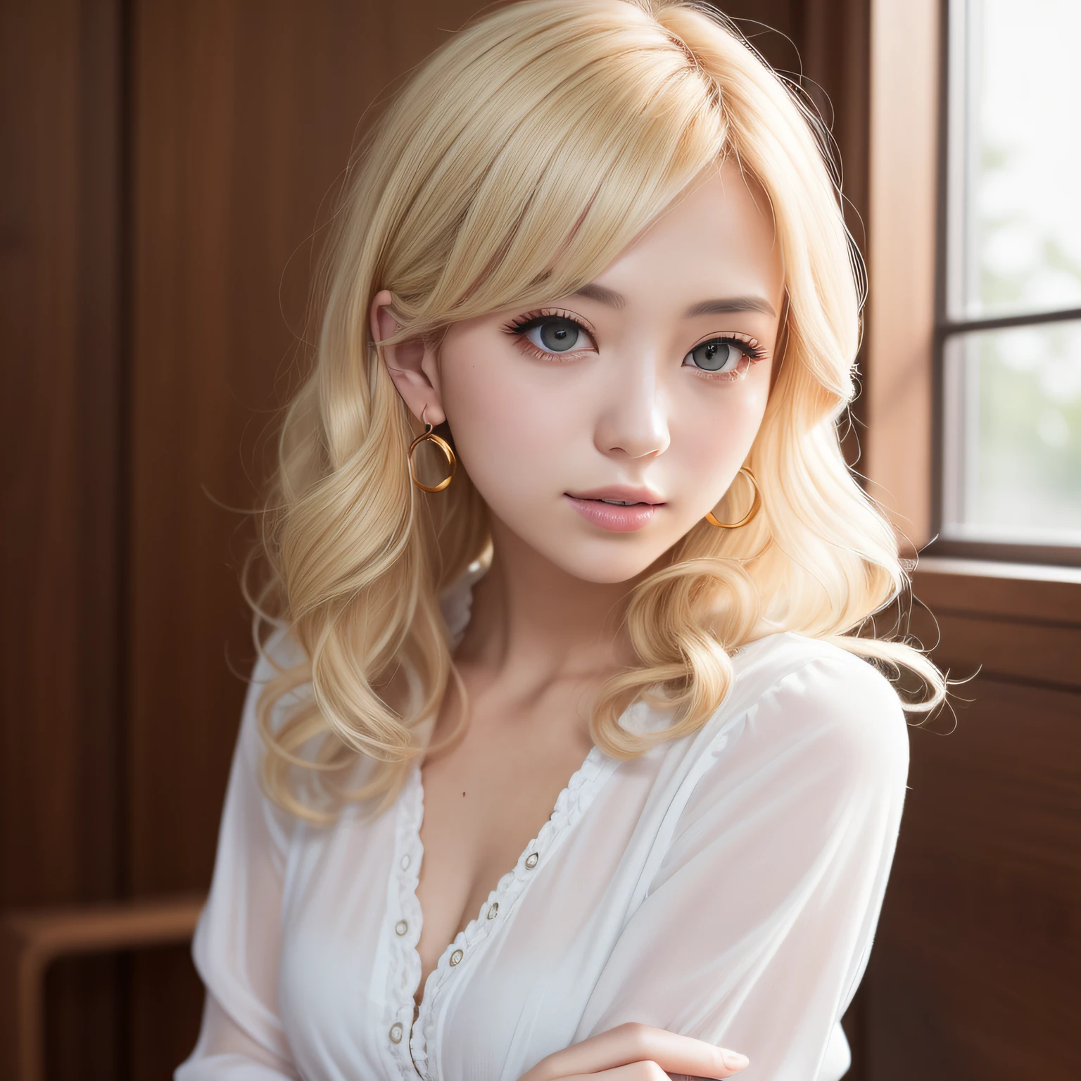 (8K、Raw photography、beste-Qualit)、(Magnificent Real:1.5)、amorous、Dynamic posture、Erotic face、Light pink blouse、(Detailed eye:0.8)、(look at a camera:1.4)、(beste-Qualit)、(Best Shadows)、intricate detailes、Cinematic、((The skin:1.4))、interiors、Hair with curls、(Long blonde hair:1.3)、Dark Studio、(rkgk:1.5)、the detail、Subdued Color、Gold Earrings、Wavy hairstyles